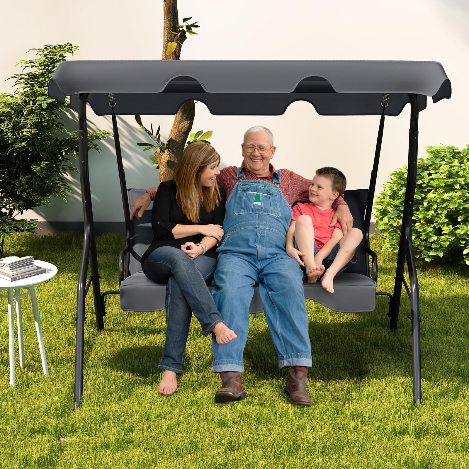 RELAX4LIFE Hollywoodschaukel 3-Sitzer, Schaukelbank mit verstellbarem Sonnendach, Gartenschaukel Stahl, Gartenliege für Garten & Terrasse & Balkon, stabile Gartenbank, Schaukel Farbewahl (Grau)