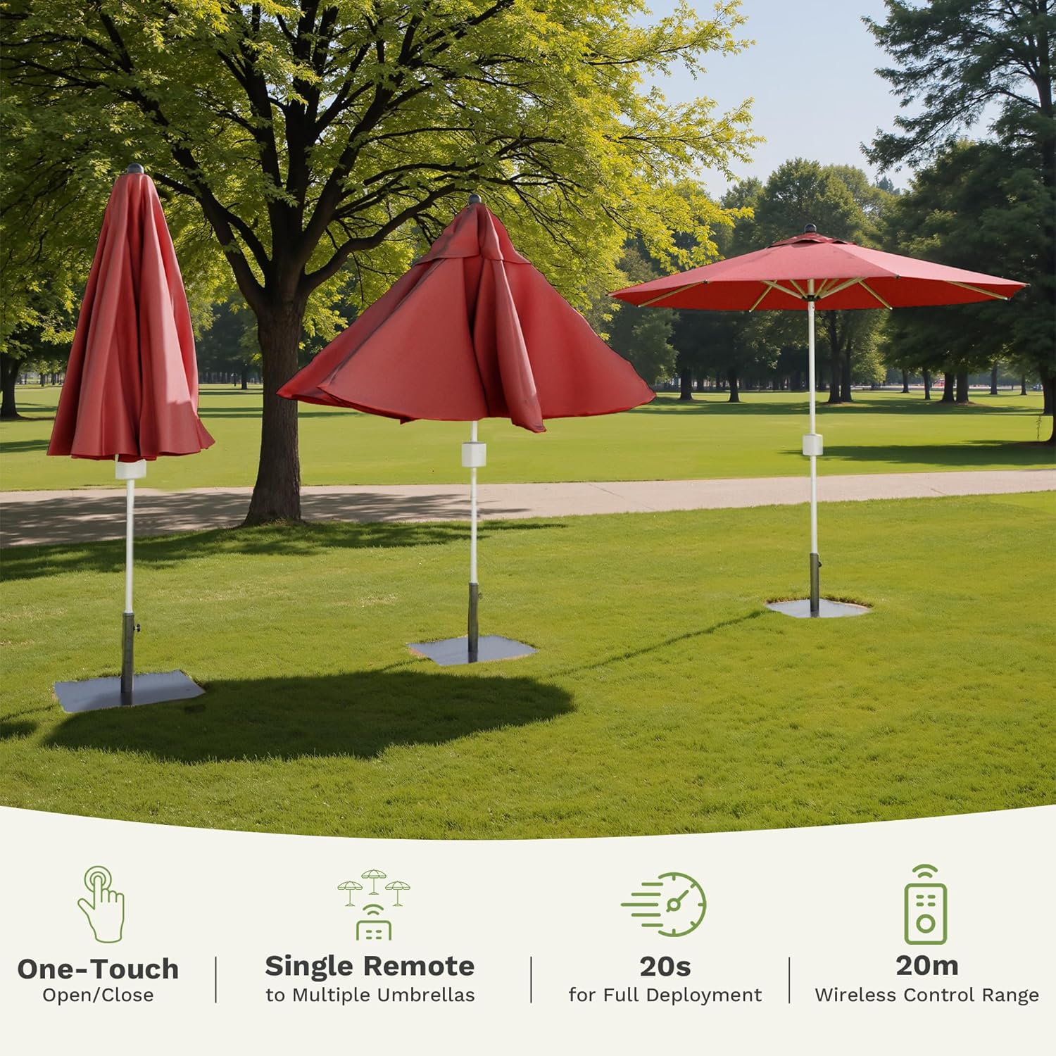 Patiowell Motorized Patio Umbrella features: One-Touch Open/Close, Single Remote to Multiple Umbrellas, 20s for Full Deployment, 20m Wireless Control Range.