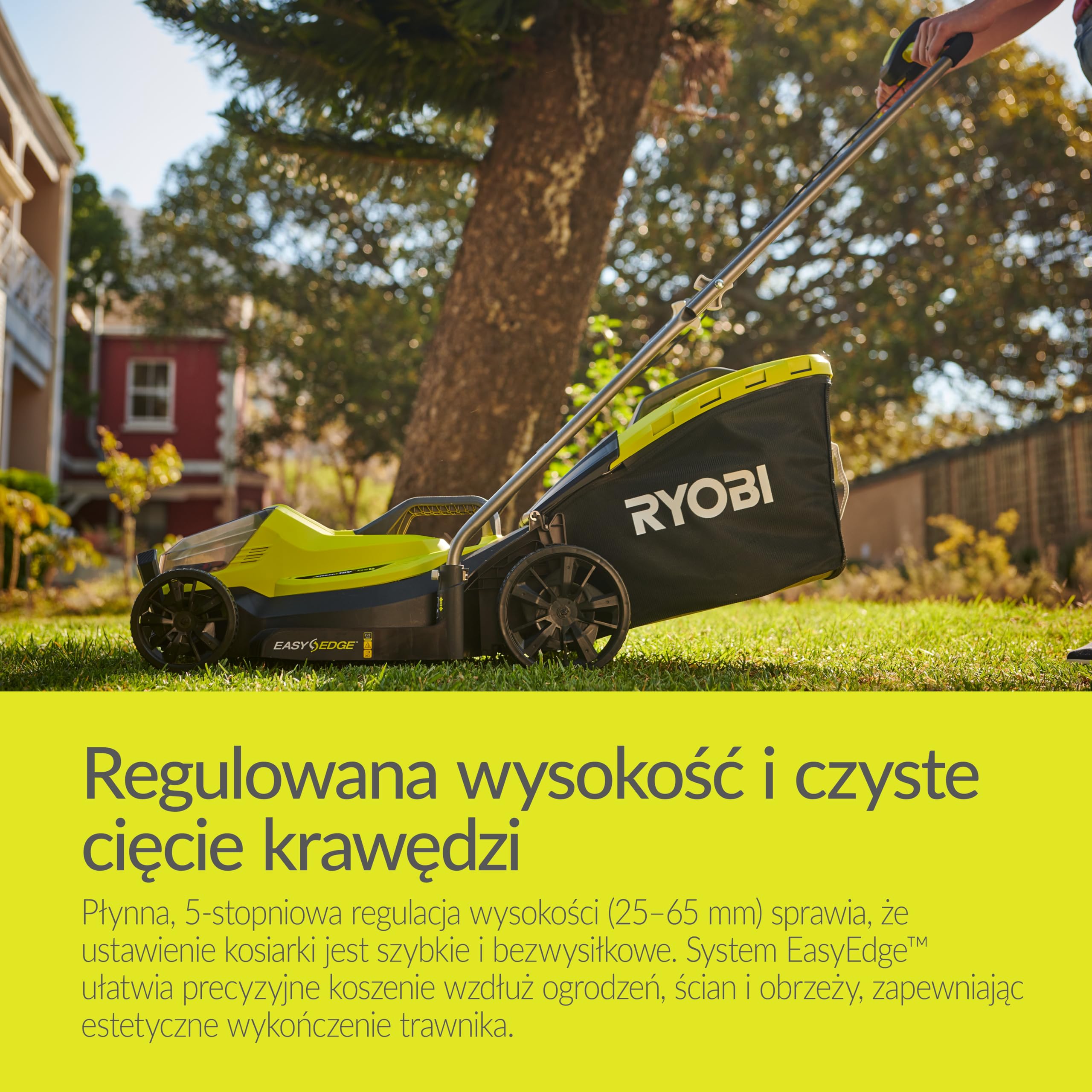 Ryobi Bezprzewodowa Kosiarka 18 V, OLM1833B, Szerokość Koszenia 33 cm, 5-Stopniowa Regulacja Wysokości Koszenia, od 25 mm do 65 mm, Kosz na Trawę 35 L, Wersja bez Akumulatora i Ładowarki