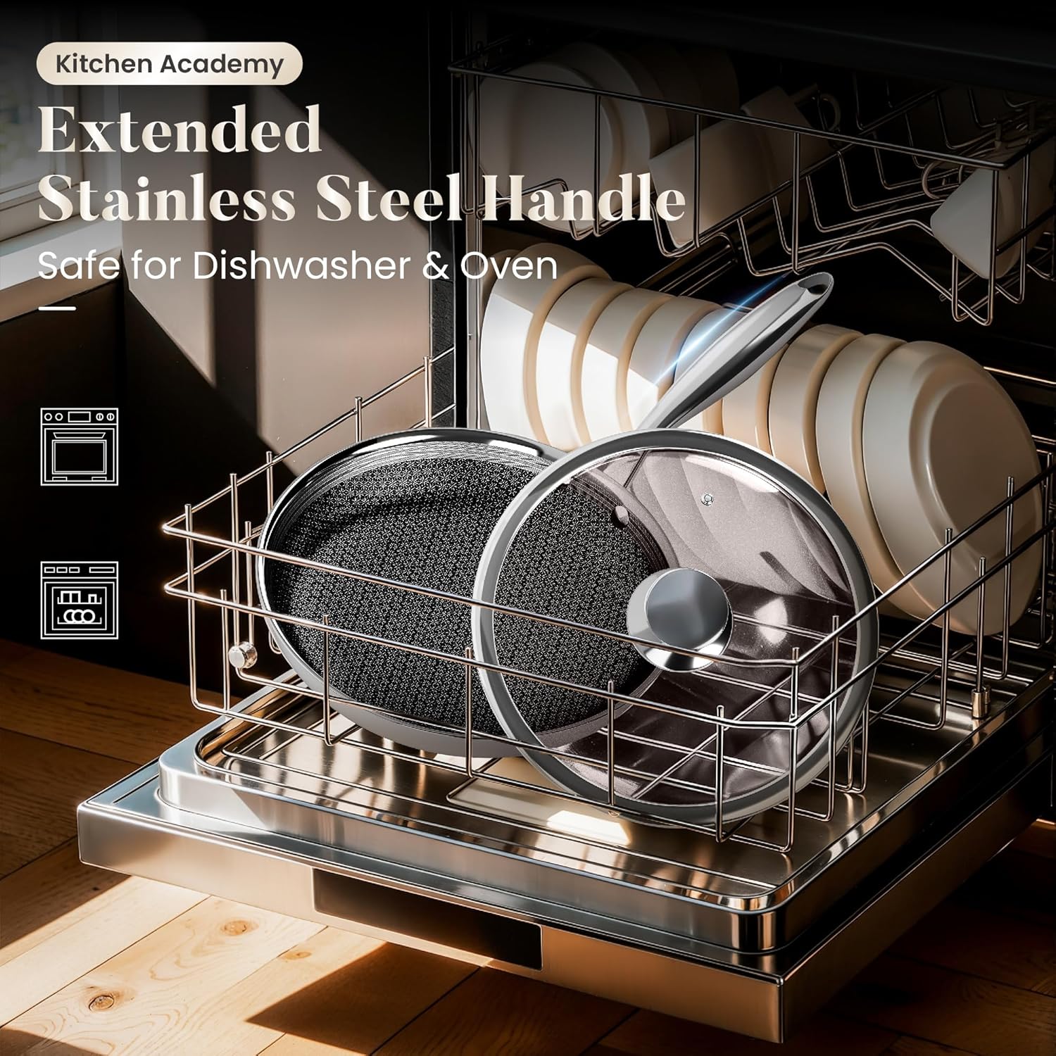 Kitchen Academy 6Pcs 18/10 Stainless Steel Frying Pan Set, 3-Ply 8/10/12 Inch Induction Ready Skillet with Lids, Dishwasher & Oven Safe, PFOA and PFAS Free