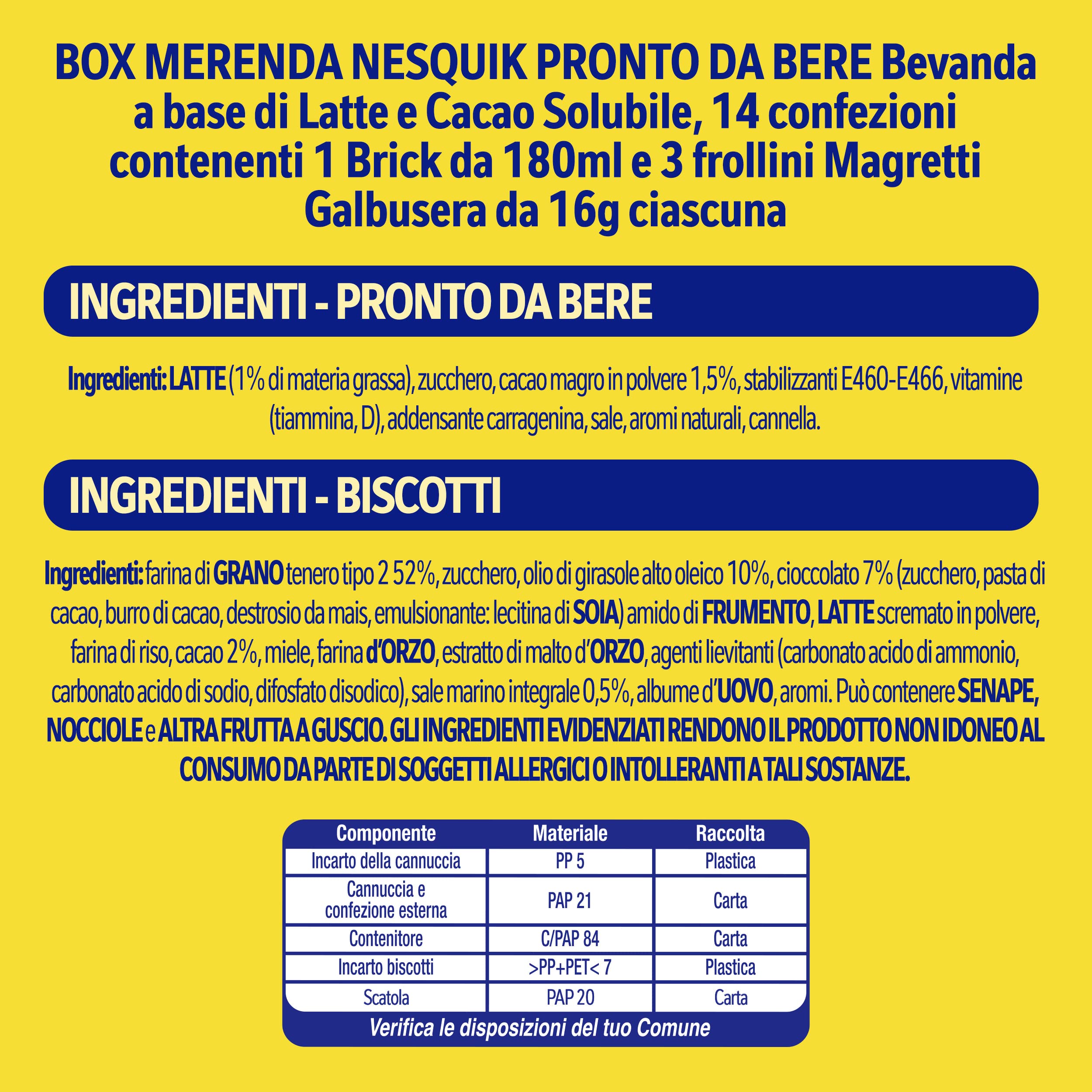 NESQUIK Box Merenda Nesquik Pronto da Bere Latte e Cacao, 14 confezioni contententi 1 Brick da 180ml e 3 frollini Magretti Galbusera da 16g ciascuna
