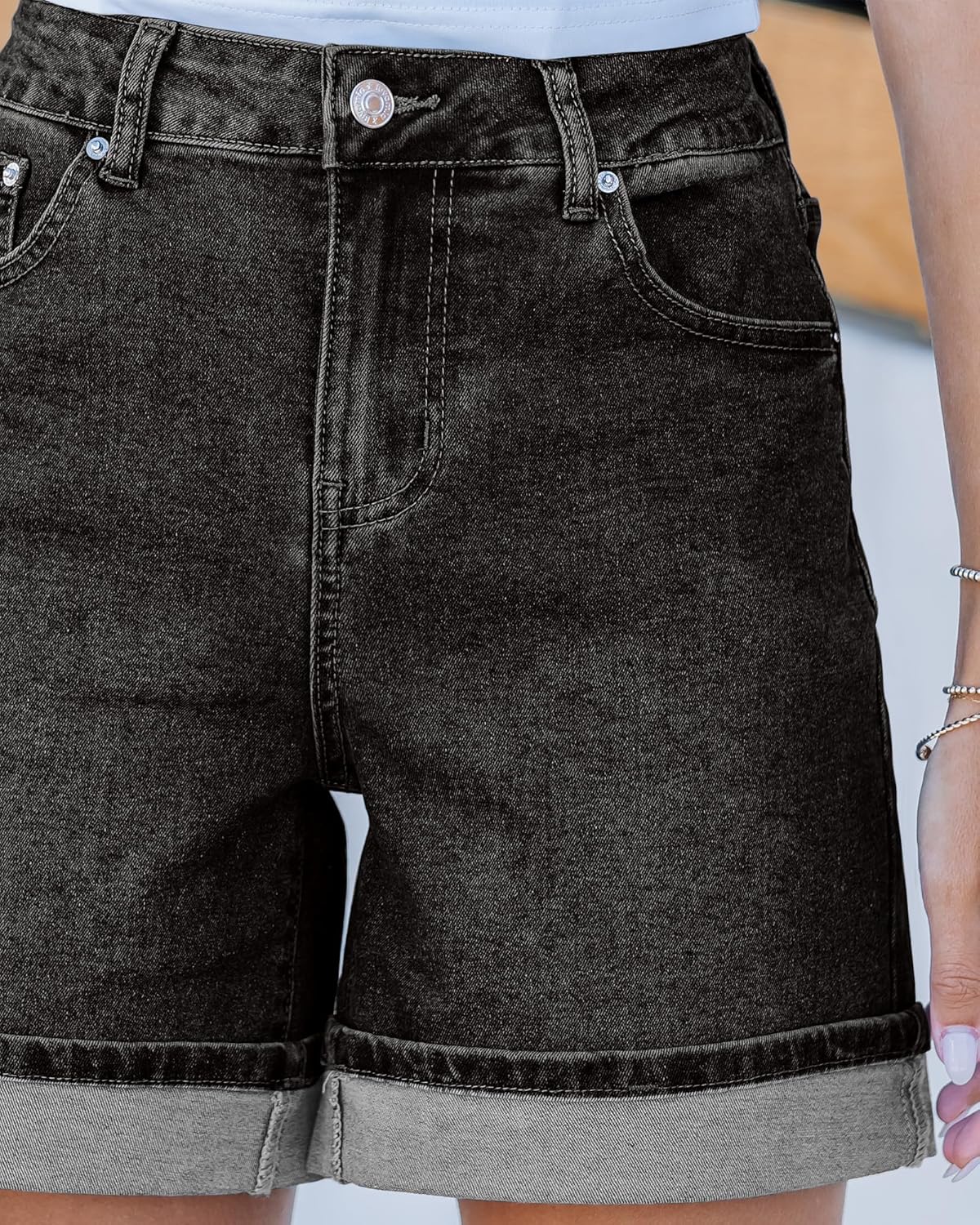 luvamia Jean Shorts for Women Trendy High Waisted Mid Thigh Fold Hem Cutoff Casual Summer Stretchy Denim Shorts Jorts - Image 4