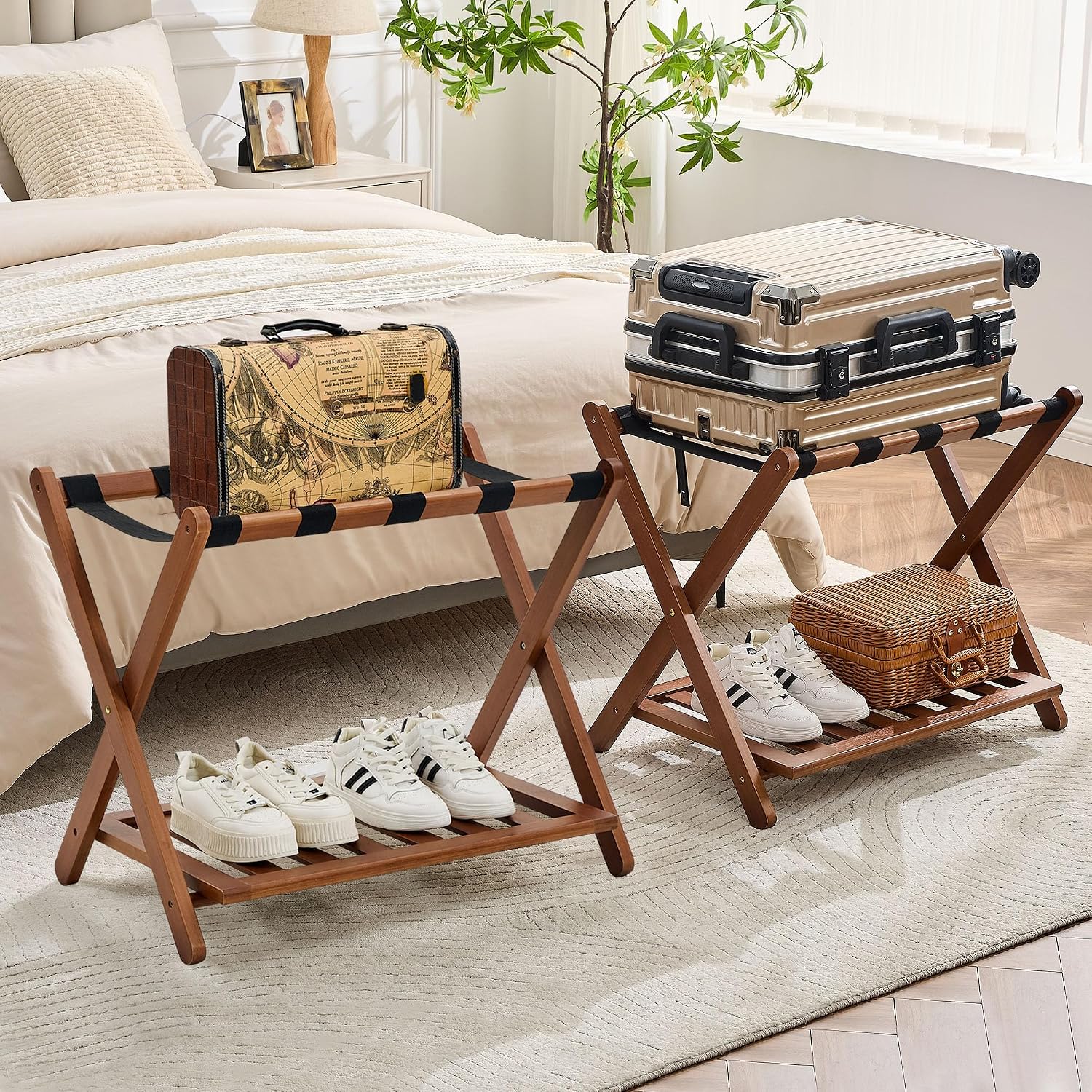 Fully Assembled Walnut Luggage Racks Set of 2, Bamboo Luggage Rack Stand for Guest Room, 26.77" Folding Suitcase Stand with Storage Shelf for Bedroom Hotel, Holds up to 165 Lbs