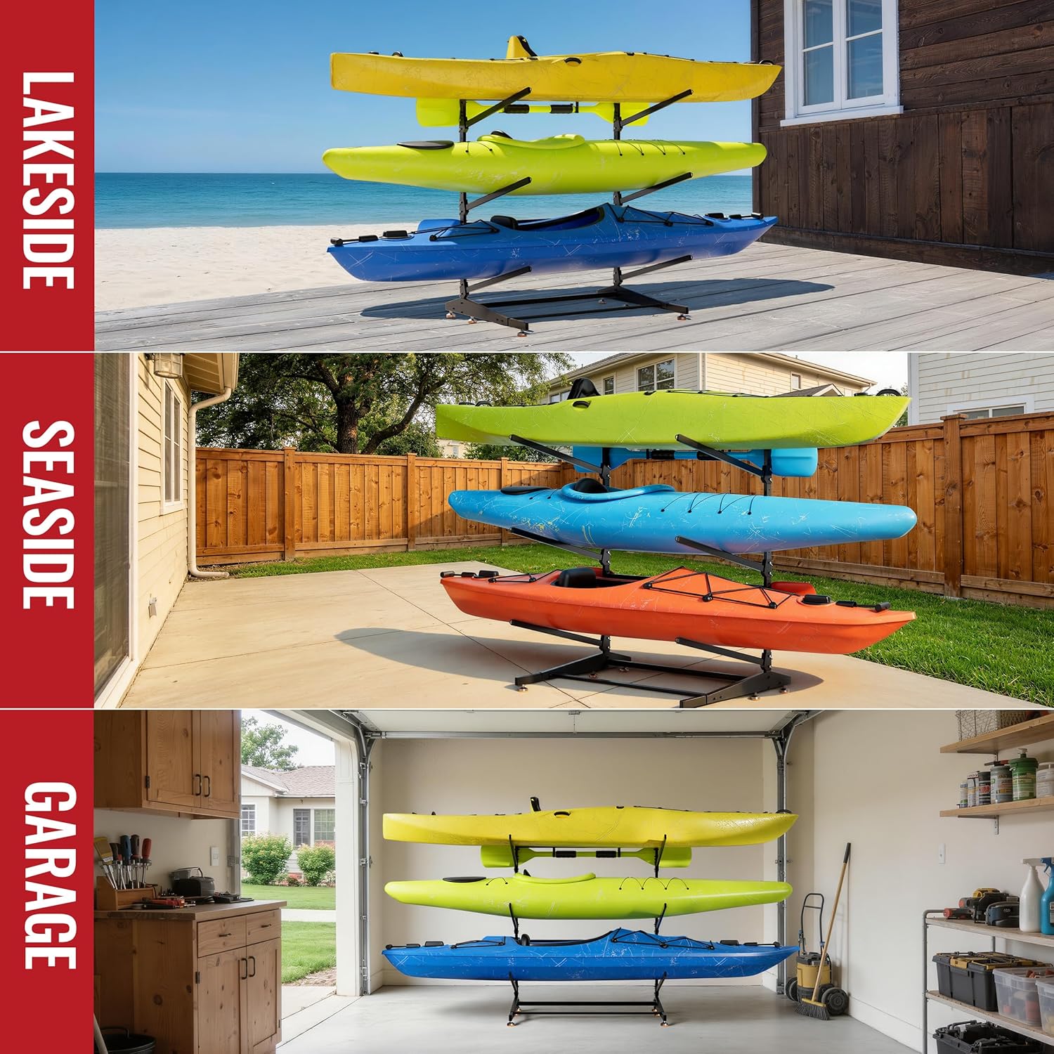 Kayak Storage Rack, Heavy Duty Free-Standing Canoe Stand, 304 Stainless Steel & Anti-Snap Molded Joint, Adjustable Vertical Holder for Garage Outdoor Lakeside Seaside