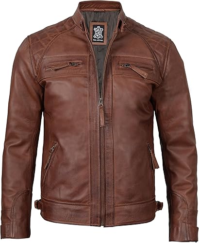 Vista 4 de Decrum Chaqueta de cuero marrón para hombre - Cafe Racer Real Lambskin Biker Style Casual Chaquetas de cuero para hombre