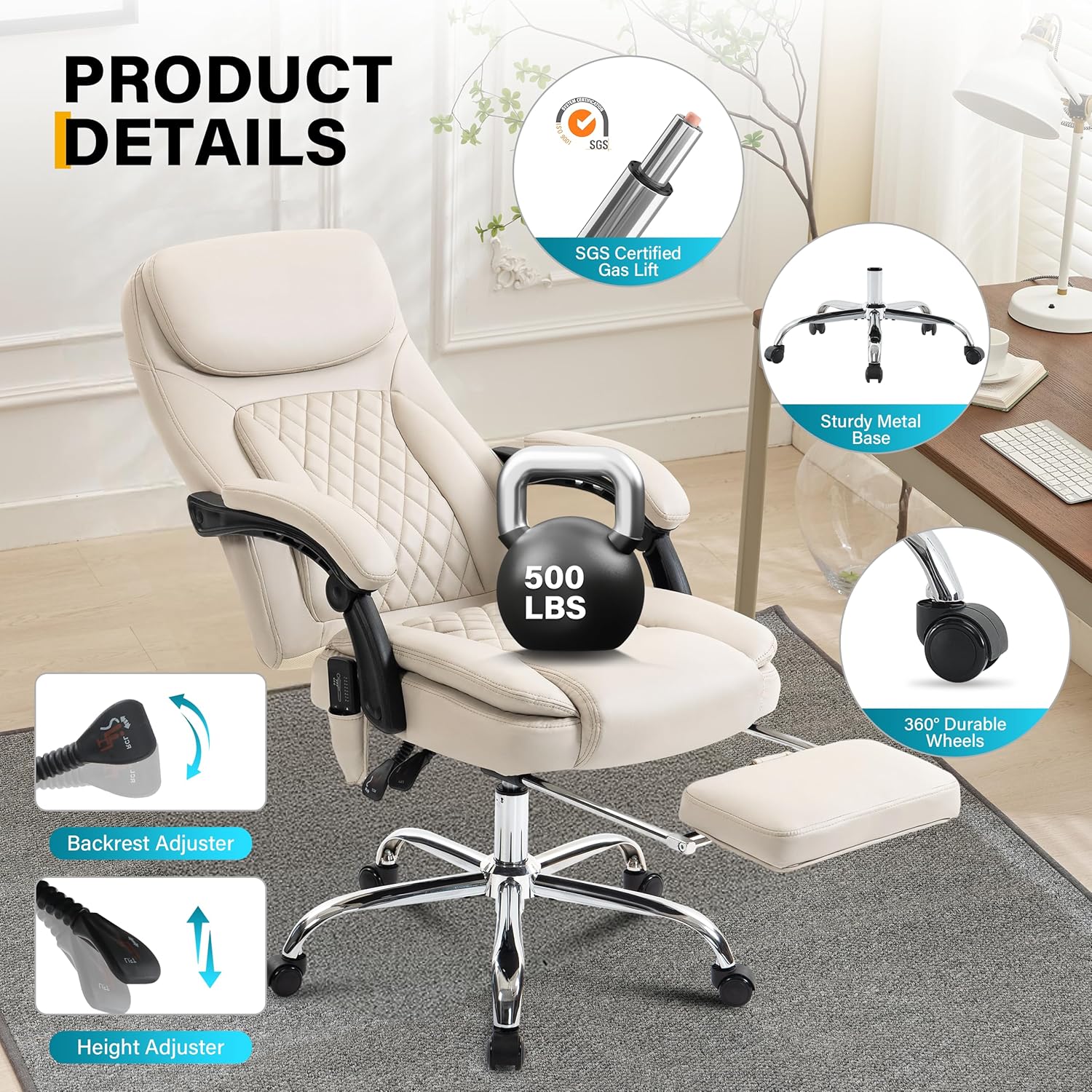 Images demonstrating various relaxing postures with the chair's recline and footrest
