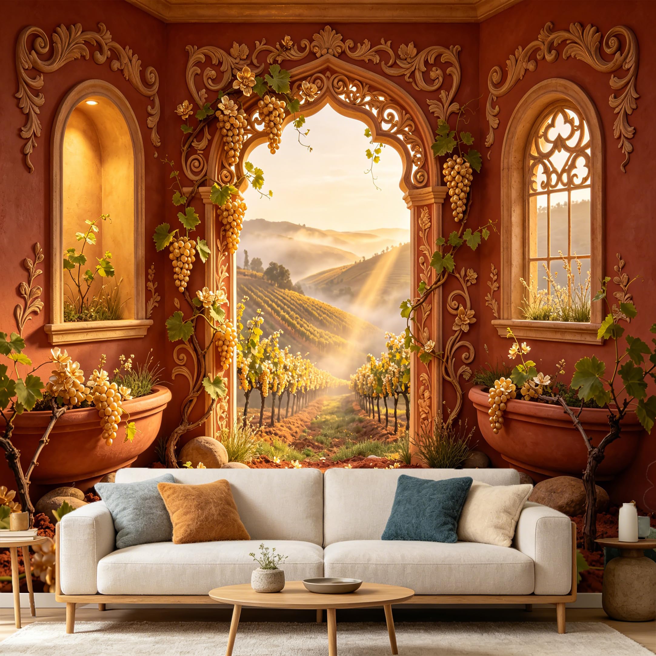 Custom Size Wall Mural Tuscan Vineyard Landscape Mediterranean Archway Golden Sunset Scenery 3D SelfAdhesive Art Prints wall Fabric Removable Large Wallpaper Home Living Room Decor
