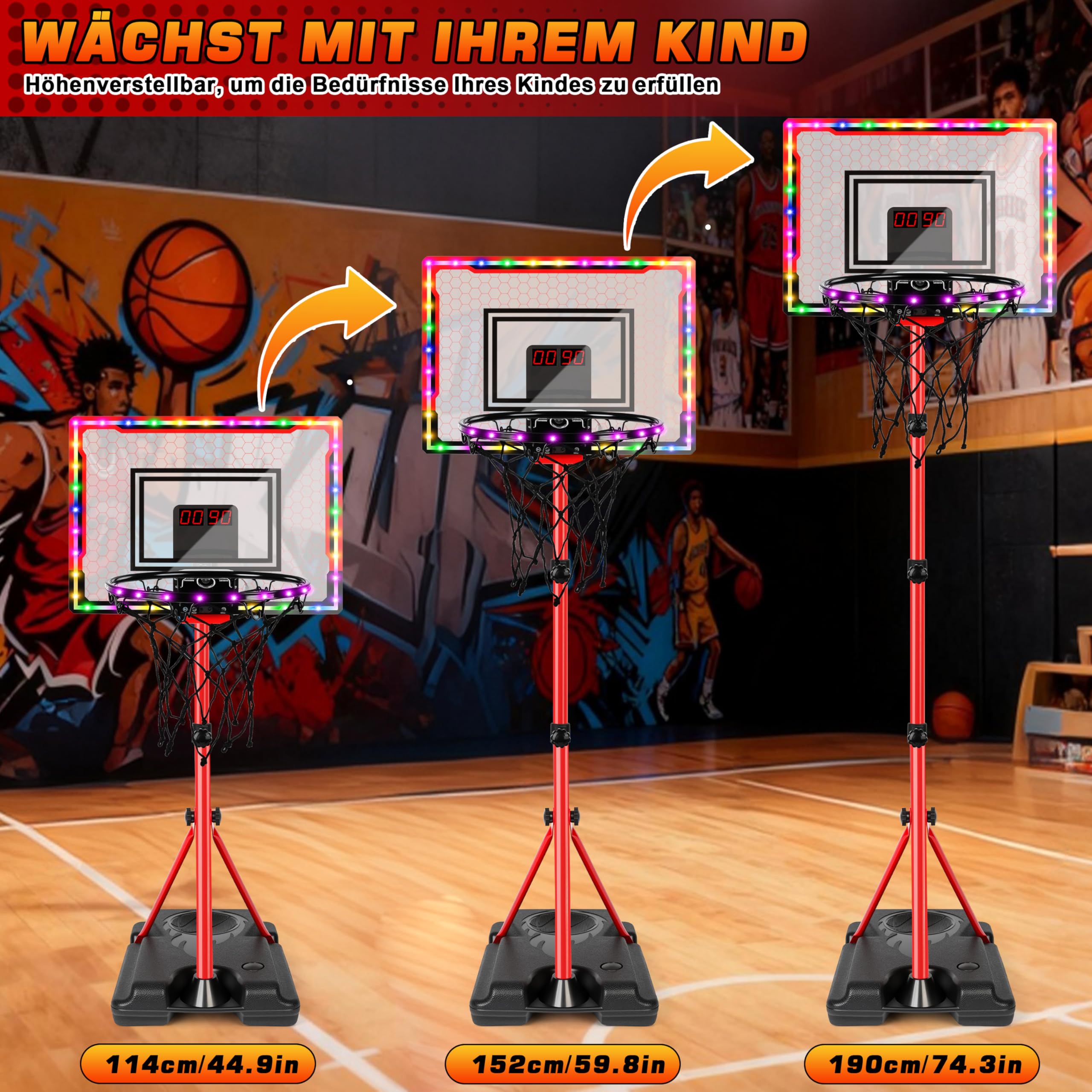 IEEILULU Basketballkorb Kinder, Basketballbrett Hängende mit Fernbedienung, Elektronischer Anzeigetafel mit LED Lichter Soundeffekten, Outdoor Spielzeug, Geschenke für Jungen Mädchen ab 3 Jahren