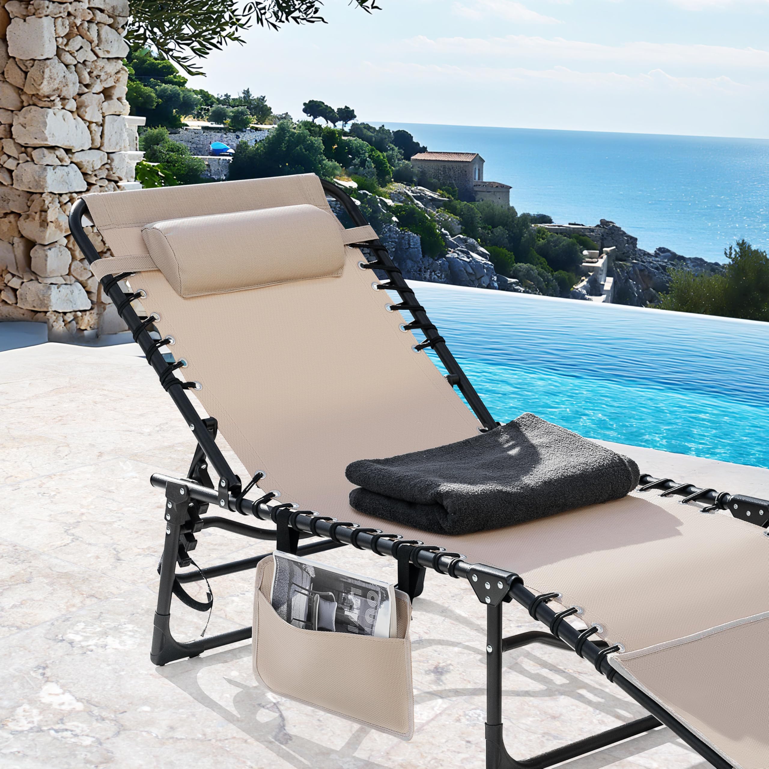 Avestar Sonnenliege Klappbar, Tragbare Gartenliege, 5-Fach Verstellbarer Liegestuhl inkl. Seitentasche, Kopfkissen und Gesichtsausschnitt, für Garten, Balkon, Terrasse, Strand und Camping, Taupe