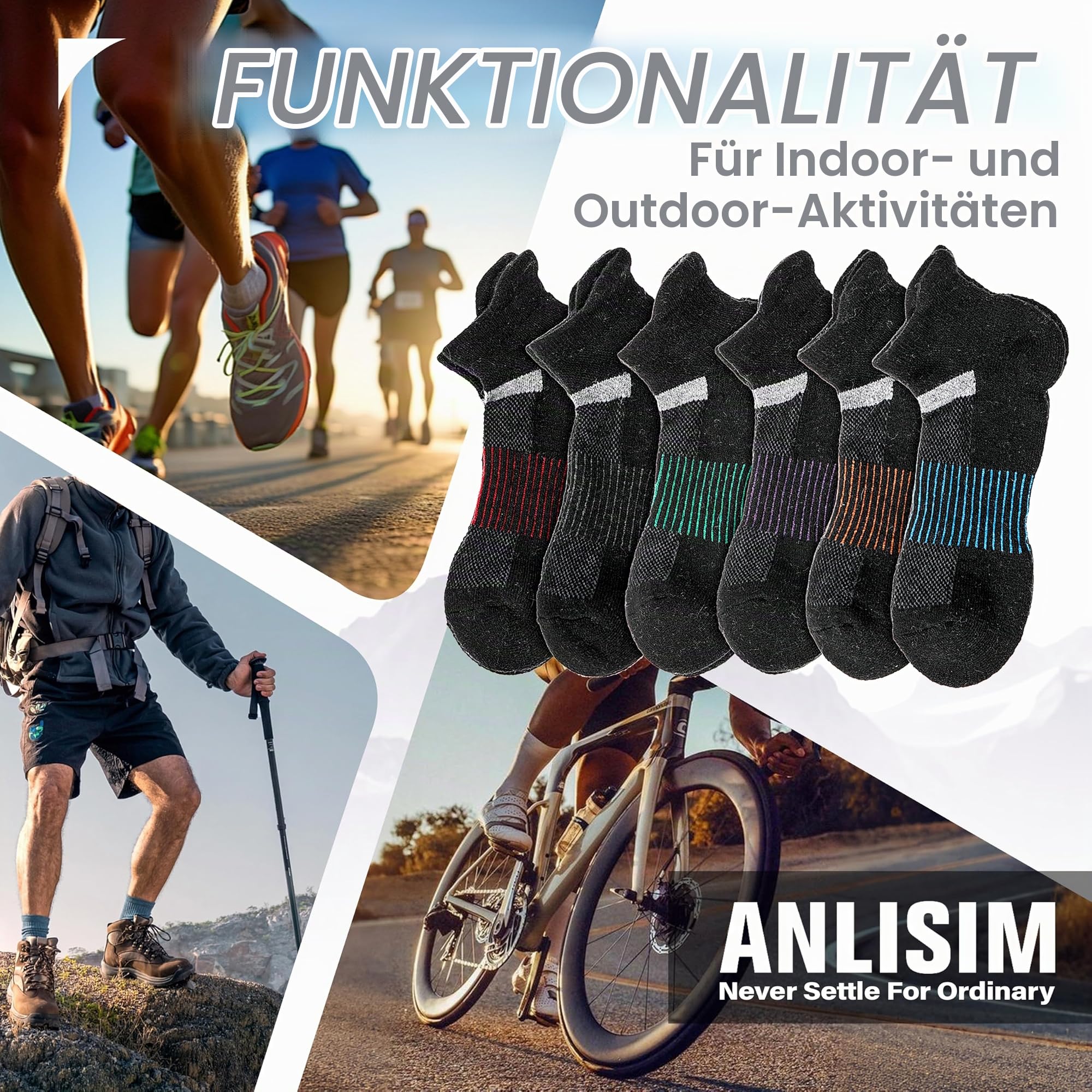 Anlisim Merino Wandersocken Kurz Sneaker Socken, Dicke Wollsocken, Warme Wolle Laufsocken, Kompressions Sportsocken Thermosocken für Herren Damen 6 Paar