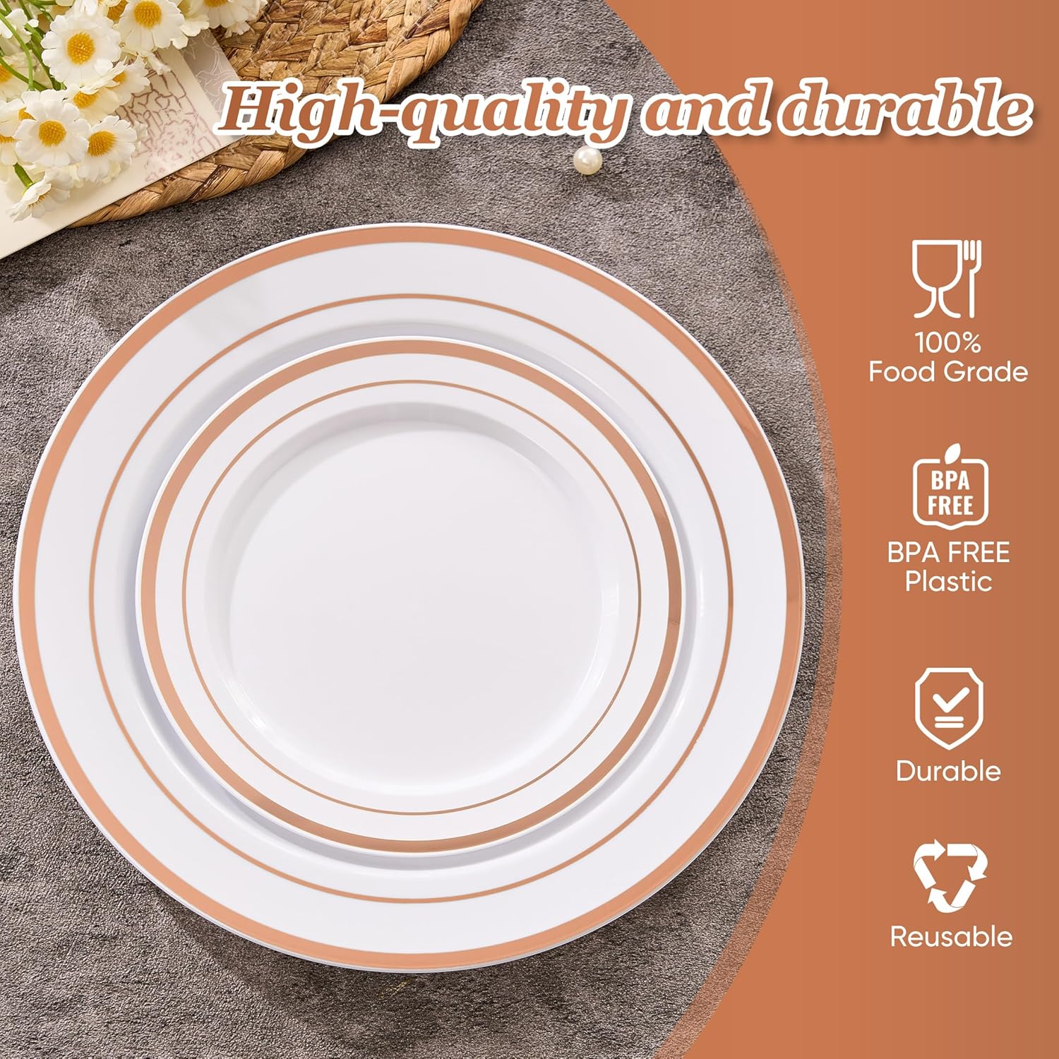 Fijinhom 100PCS Rose Gold Plastic Plates, Disposable Plates with 50PCS 10" Dinner Plates & 50PCS 7" Dessert Plates for 50 Guests, Plastic Party Plates for Wedding, Birthday, Rose Gold