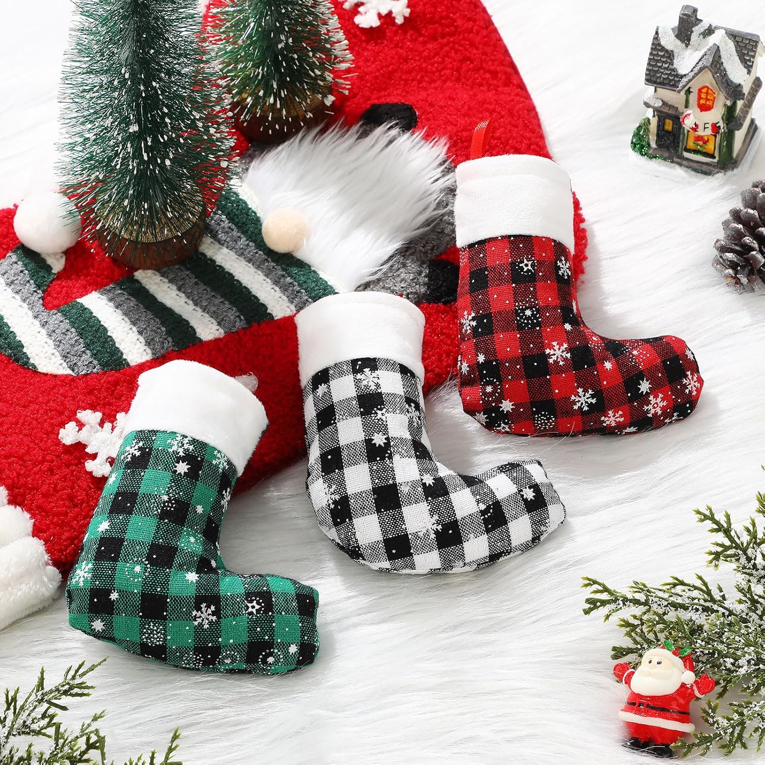 Laumoi 60 Pcs Mini Christmas Stockings Bulk 5 Inch Buffalo Plaid Stockings with Snowflake and Plush Cuff Small Xmas Hanging Stocking Ornaments for Christmas Tree Decorations (Multicolor)