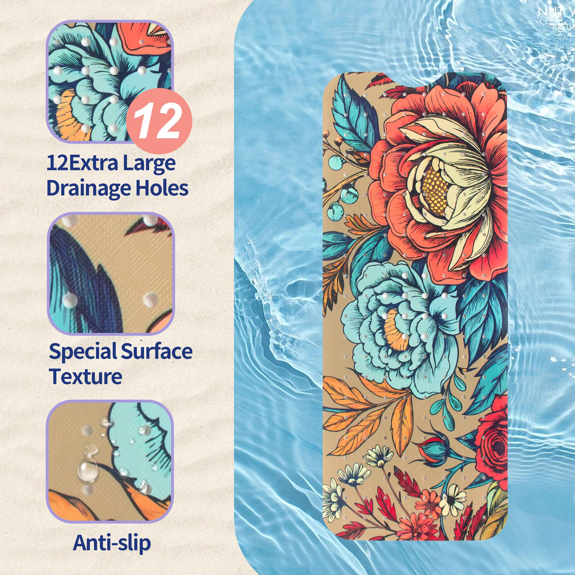 Floral Bathtub Mat Non Slip for Kids Botanical Extra Long Anti Slip Bath Mat for Tub Abstract Bath Shower Mat with Large Drain Holes and Suction Cups Quality Plant Design Bathroom Decor 40x16in - Image 3
