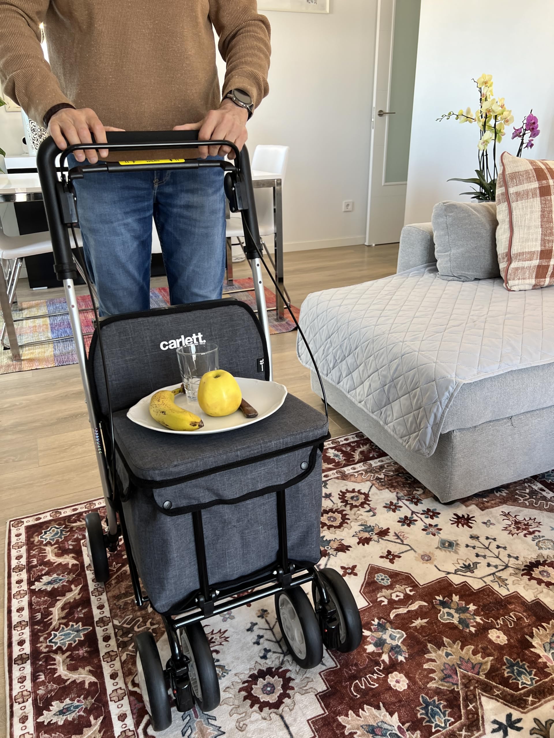 Carlett Rollator und Einkaufstrolley mit Sitz, EU-Medizinprodukt, höhenverstellbarer Griff, Doppelfeststellbremse, Räder in 3 Positionen, leicht und kompakt – Comfort Move, Schwarz