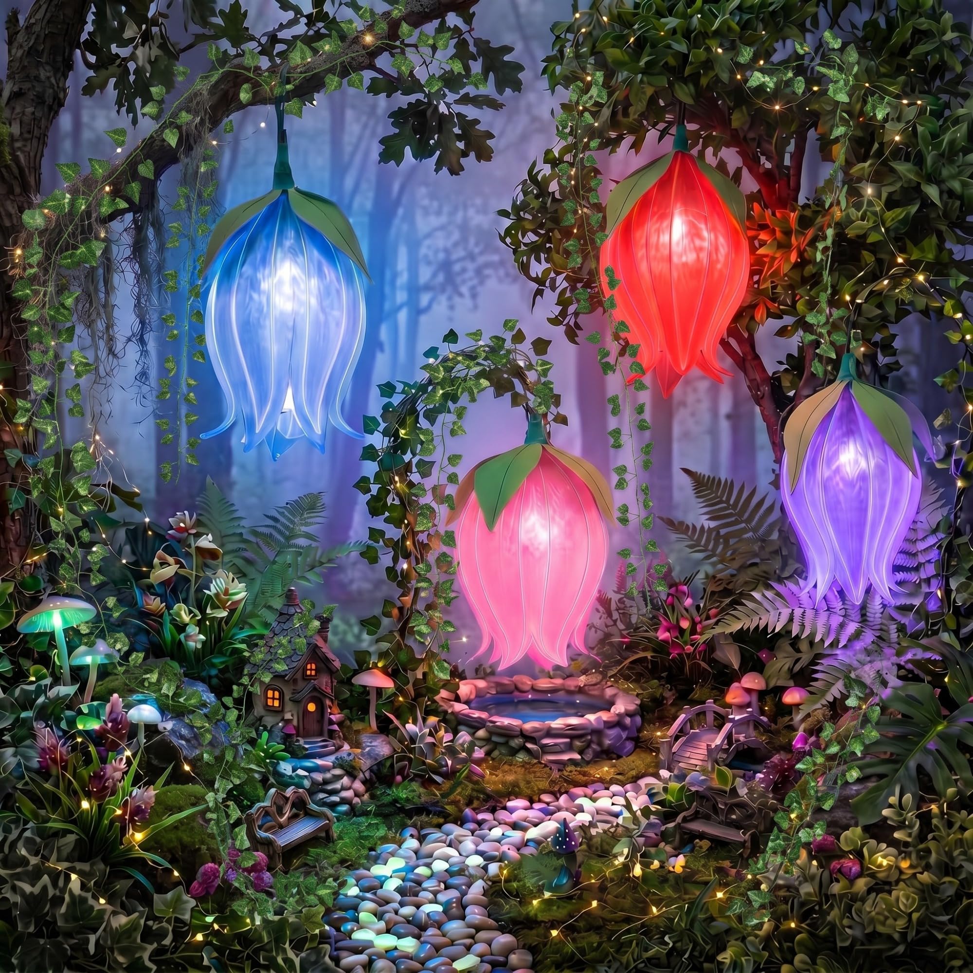 XunYee Verzauberte Waldfee, LED-Kunstlilien des Tals, hängende Dekoration mit Pothos-Reben, Wildblume, 3D-Fee, Party-Dekorationen für Gartenparty, Wald, Geburtstag, 6 Stück (mehrfarbig)