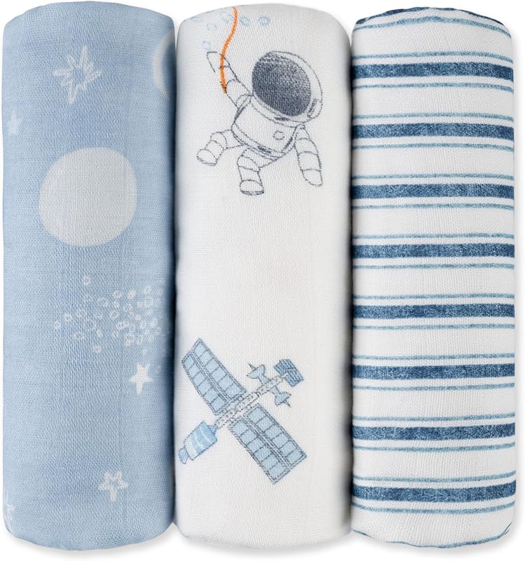 GLLQUEN BABY Receiving Blankets Boy Muslin Swaddle Blankets for Newborn | Cotton Squares Baby Blankets, Soft & Thin Swaddle Cloth, Breathable Absorbent Infant Swaddling Wrap - 3 Pack (Blue Astronaut)
