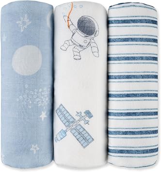 GLLQUEN Baby Blanket Boys Cotton Muslin Swaddle Blanket Girl Newborn Square Breathable & Soft Thin Baby Blanket Cloth Double Absorbent Infant Swaddle Wrap - 3 Pack Blue Astronaut