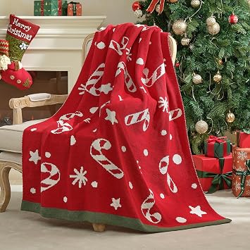 Amelie Home Christmas Knit Throw for Couch, Reversible Soft Cozy Chenille Blanket for Home Decor Gift for Family, 50" x 60", Red Christmas Candy Cane