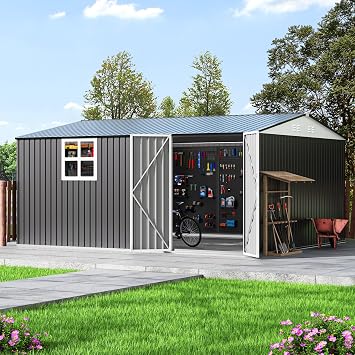 Polar Aurora 12X14 FT Metal Outdoor Storage Shed with Window, Black | Heavy-Duty Galvanized Steel Garden Shed with Lockable Doors and 4 Vents, Large Weatherproof Tool Shed Kit for Backyard Patio