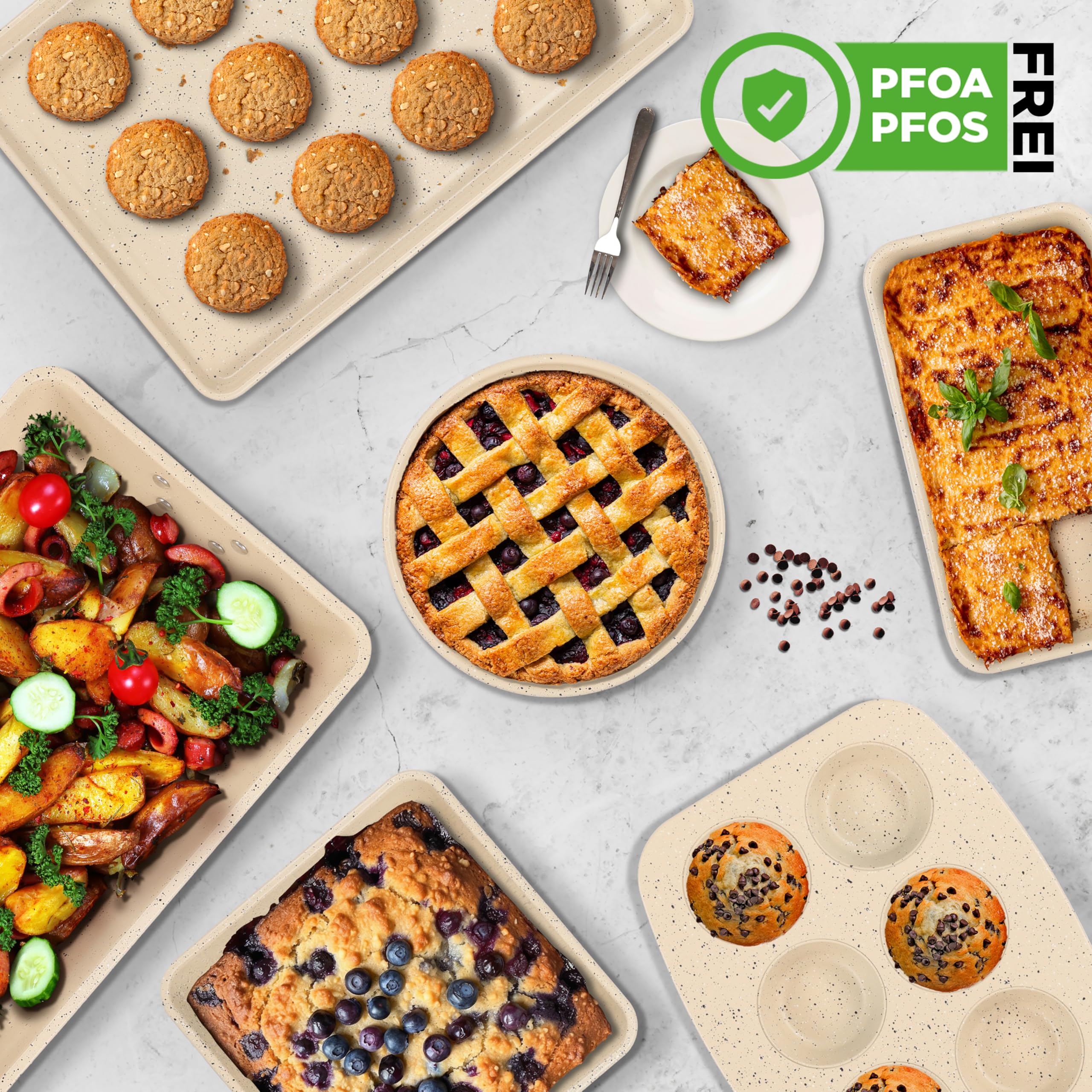 NutriChef 8-teiliges stapelbares Backformen-Set aus Karbonstahl | Antihaft, PFOA- & PFOS-frei | Ofenfest bis 232 °C Mit Backblech, Muffinform, runder, eckiger, Kasten- & tiefer Kuchenform Marmor-Crème