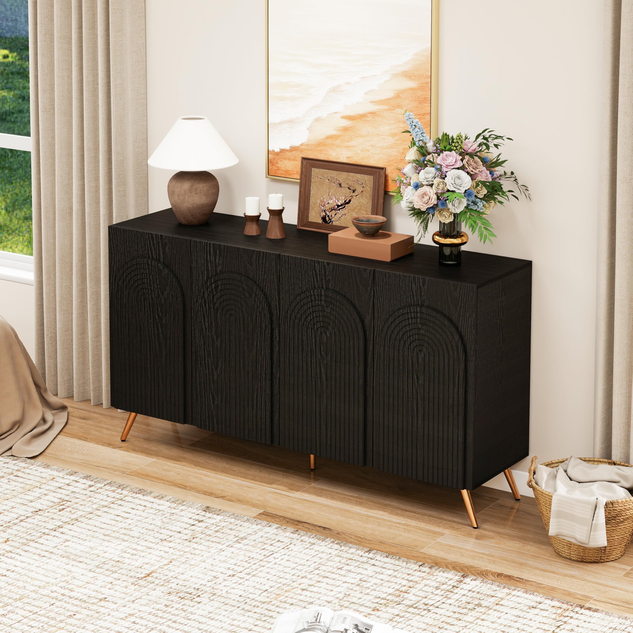 vutizal Kredens 150 cm czarny Mid-Century, rowki 3D i drzwi łukowe