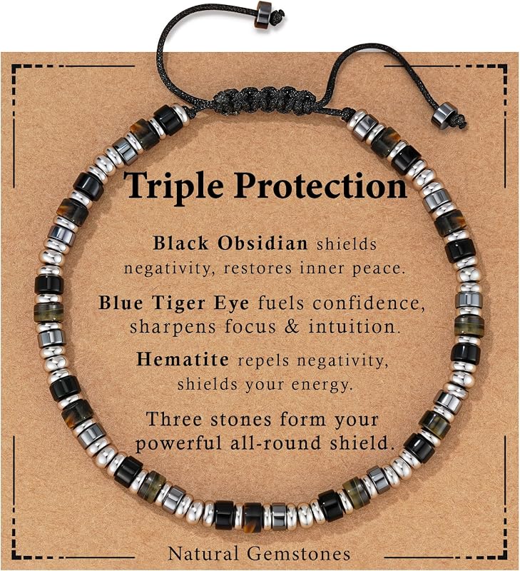 Healing Crystal Bracelet for Men Women, Triple Protection Hematite Black Obsidian Tiger Eye Natural Gemstone Beaded Bracelets Jewelry Gifts for Him