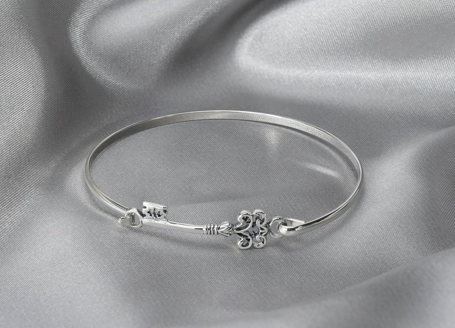 AeraVida Intricate Sterling Silver Link Bracelet with Symbolic Key Charm | Polished .925 Silver Hook Clasp Bangle Bracelet | Unique Handcrafted Jewelry Gift for Women - Image 3