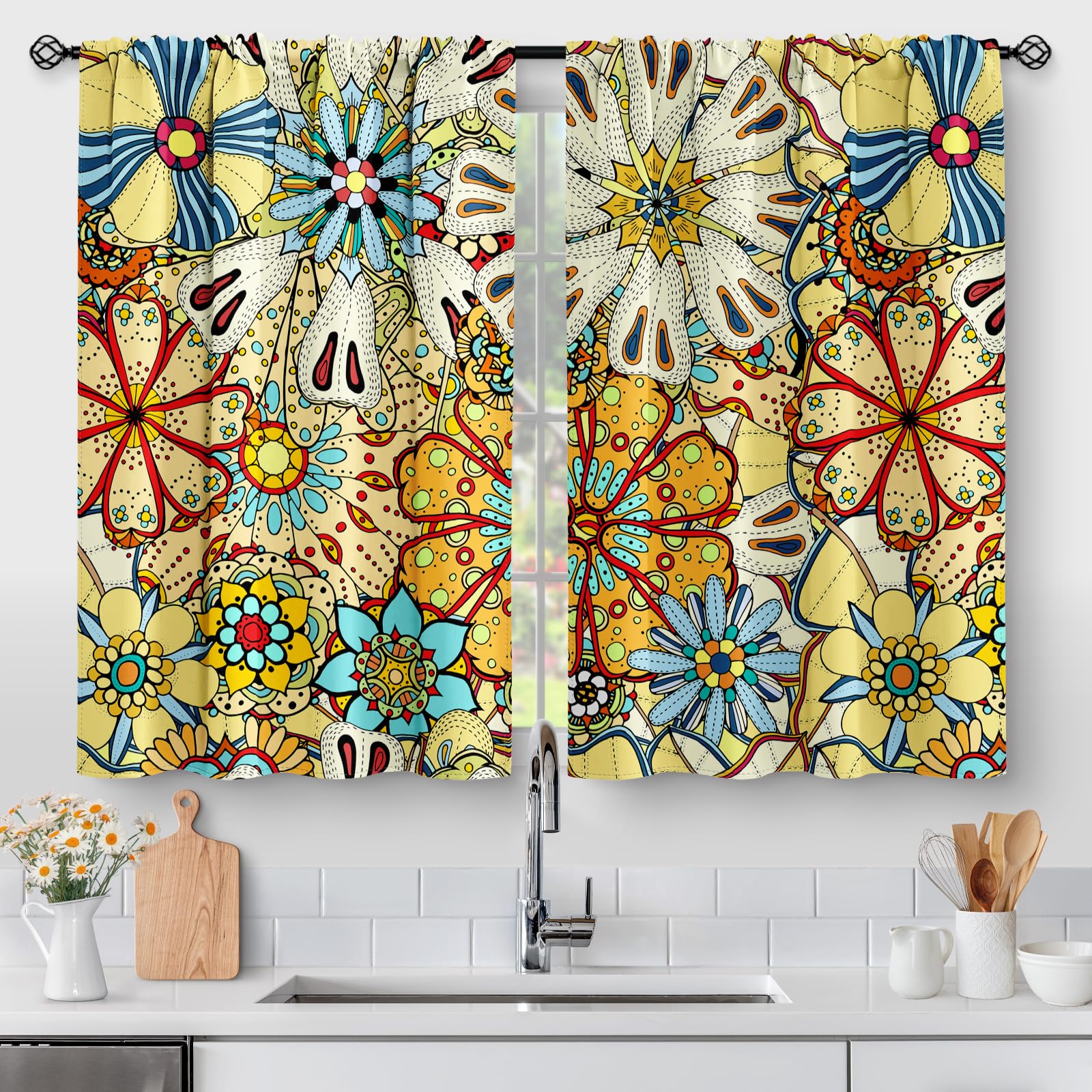 Aimego Boho Floral Kitchen Curtains - Bohemian Colorful Flowers Print Cafe Small Short Tier Window Curtains for Bathroom Living Room Decor Rod Pocket
