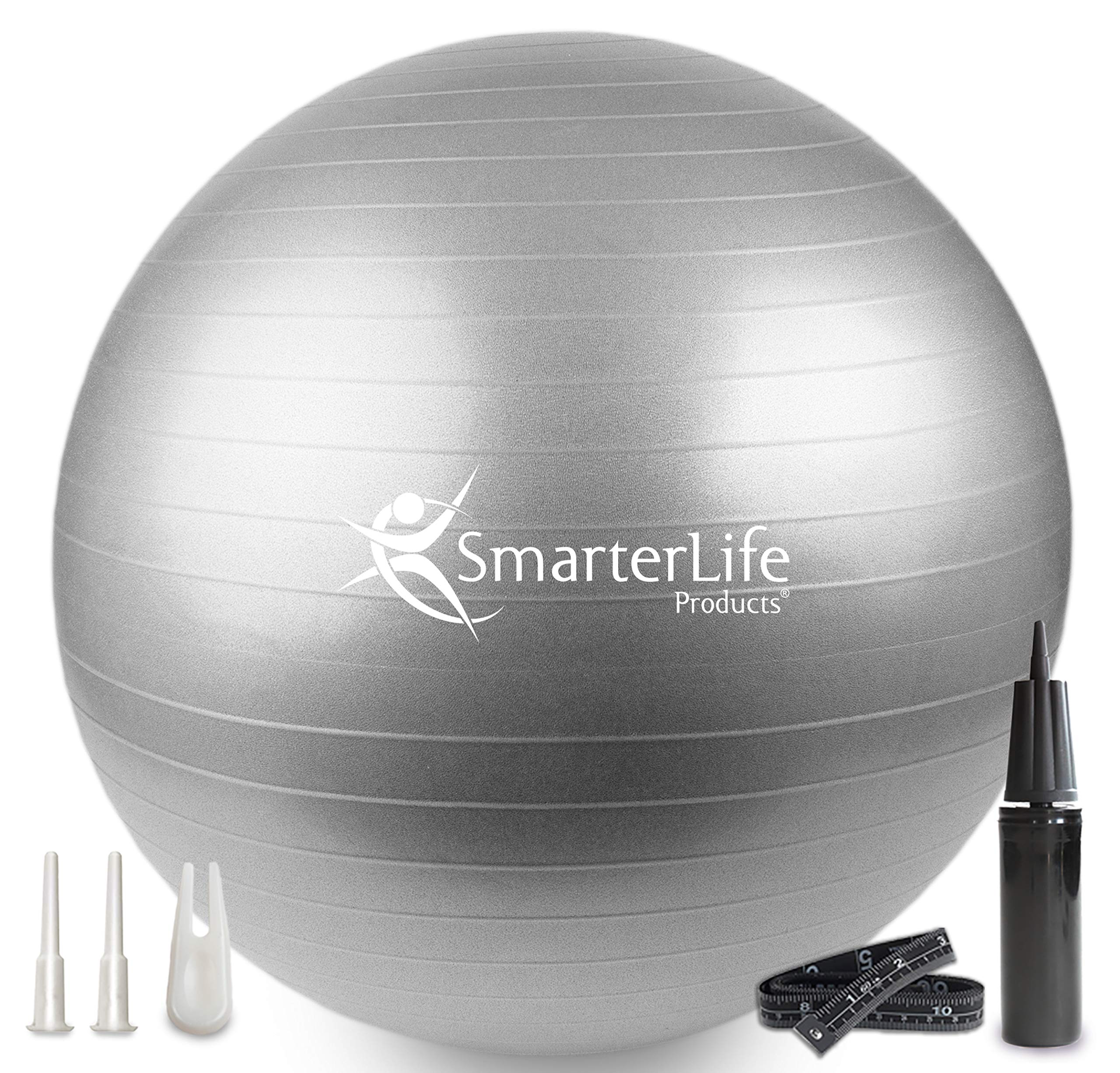 SmarterLife Exercise Ball Yoga Ball for Fitness, Balance, Stability, or Pregnancy, Gym Ball for Core Workout, Physical Therapy, Yoga Ball Chair for Office, Anti-Slip Anti-Burst Silver 65 cm
