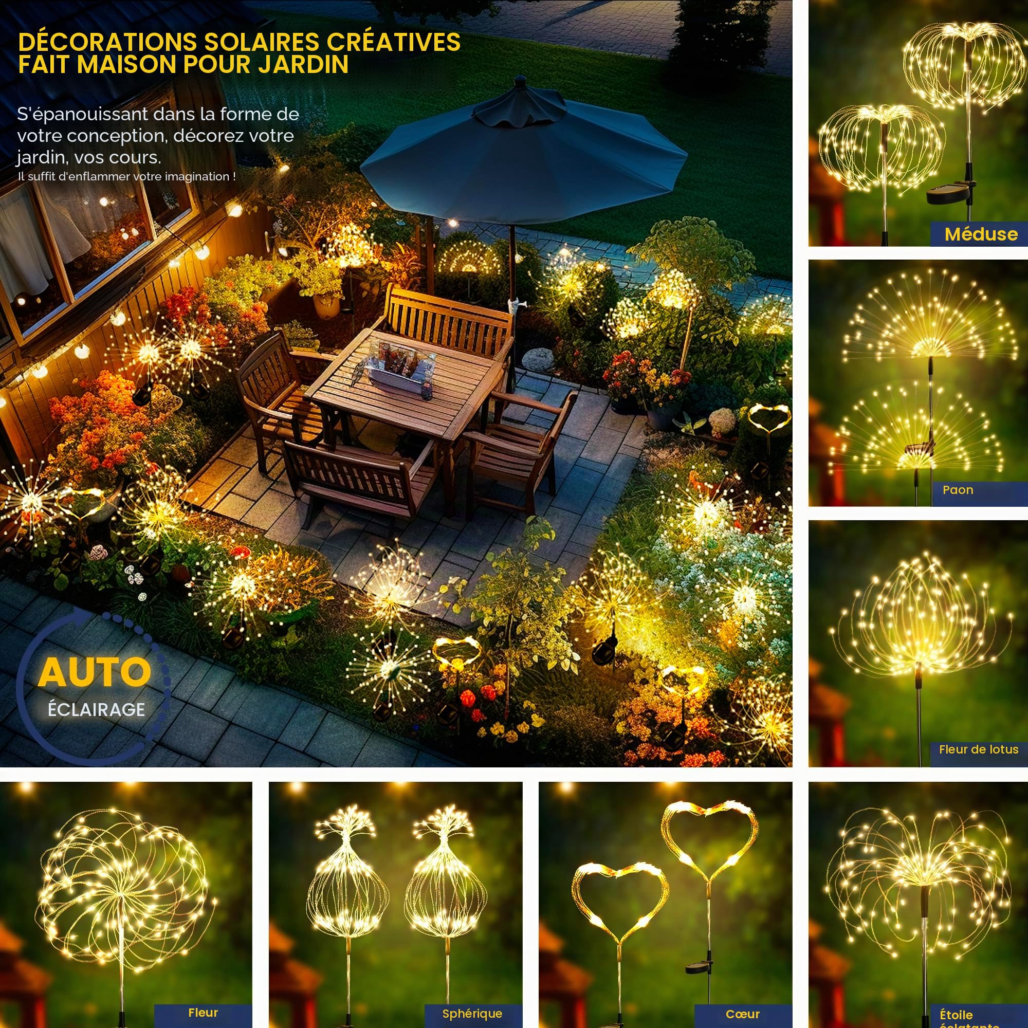 GIGALUMI Lot de 4 Solaires Extérieur Jardin,120 LED Feux d'artifice Solaires,Étanche Lampe Solaire de Pissenlit pour Cour, Pelouse, Fête, Patio, Décoration de Mariage (blanc chaud)