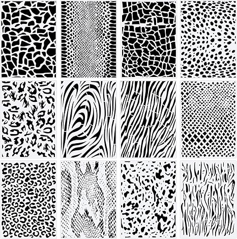 amazon com 12 pieces leopard painting stencils leopard cheetah print stencils animal print stencil reusable plastic leopard print templates stripe stencil for painting baking diy crafts wall 8 3 x 11 7 inch home kitchen