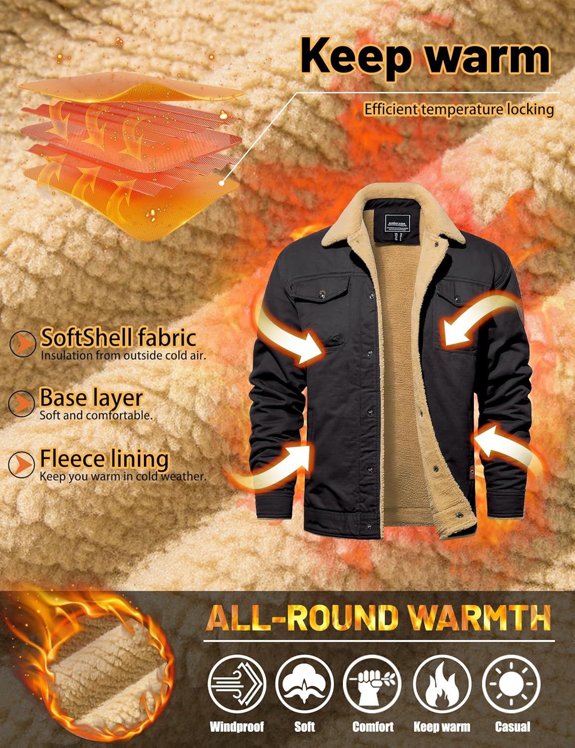 TACVASEN Men's Winter Jacket Sherpa Fleece Lined Cargo Coat Warm Thick Trucker Jacket with Multi Pockets - Image 3