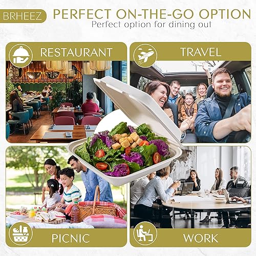 Vista 12 de brheez Recipientes desechables de fibra de bagazo biodegradables con tapas para llevar, fiestas y vacaciones, paquete de 50 cajas sin productos