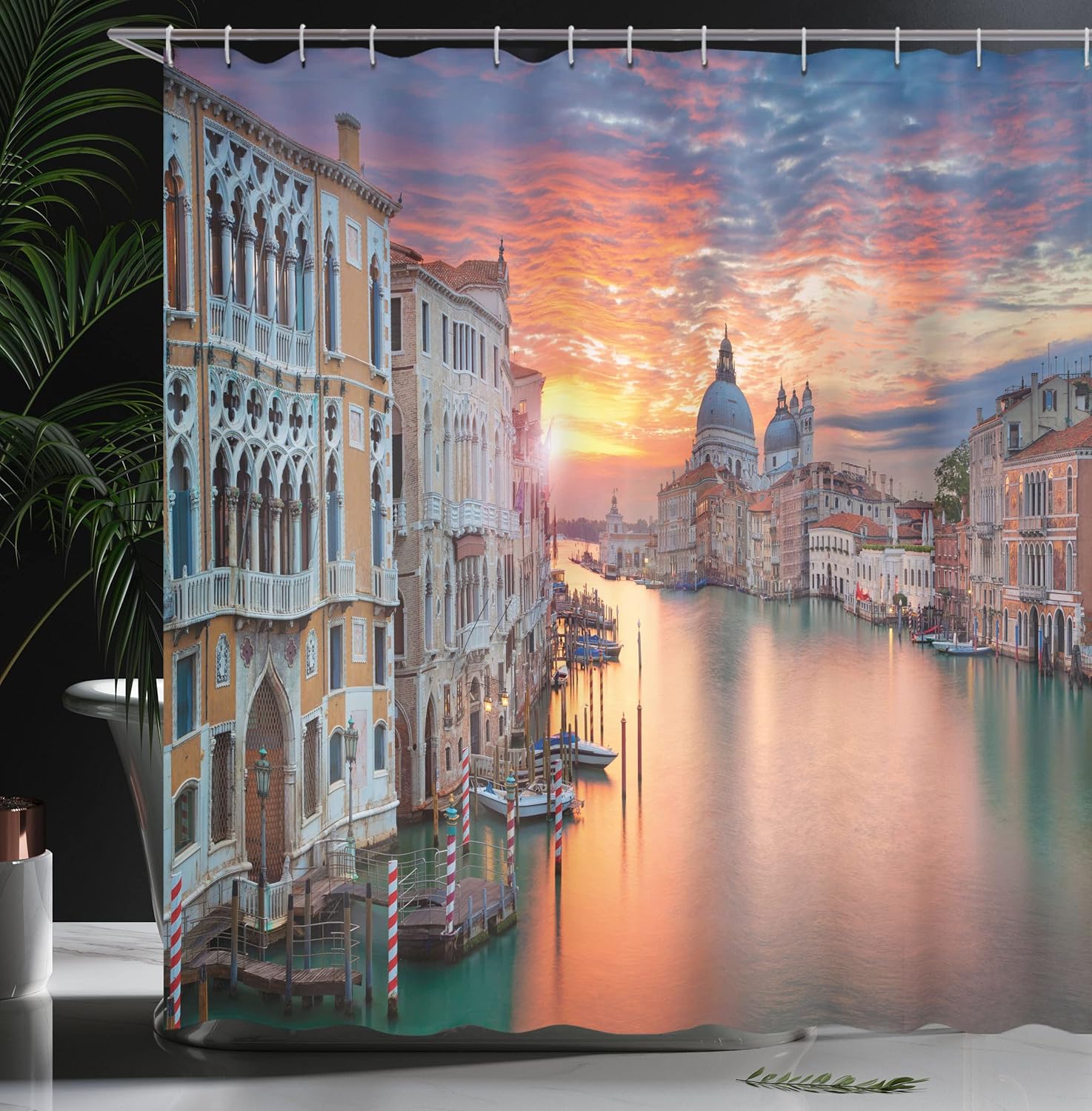 Ambesonne European Shower Curtain, Grand Canal in Venice Horizon European Town International Heritage Urban Image, Cloth Fabric Bathroom Decor Set with Hooks, 69" W x 75" L, Burnt Sienna