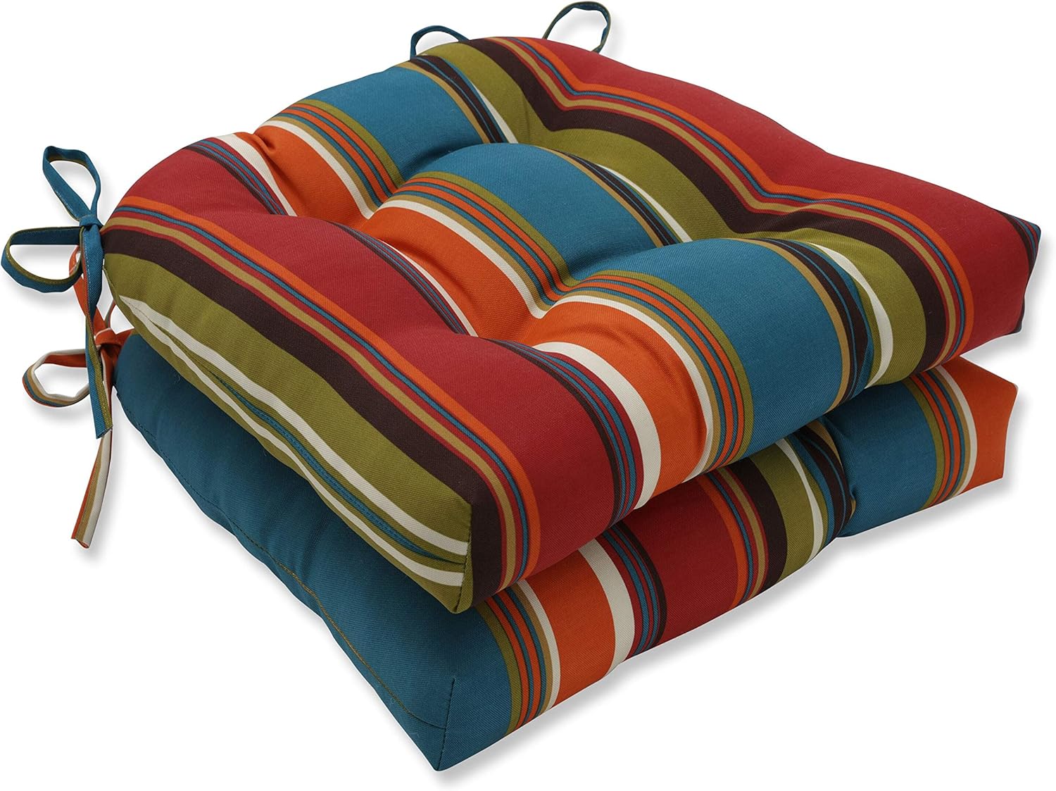 Pillow Perfect Stripe Indoor/Outdoor Chairpad with Ties, Reversible, Tufted, Weather, and Fade Resistant, 15.5" x 16", Red/Brown Westport, 2 Count 15.5" x 16" Red/Brown Westport