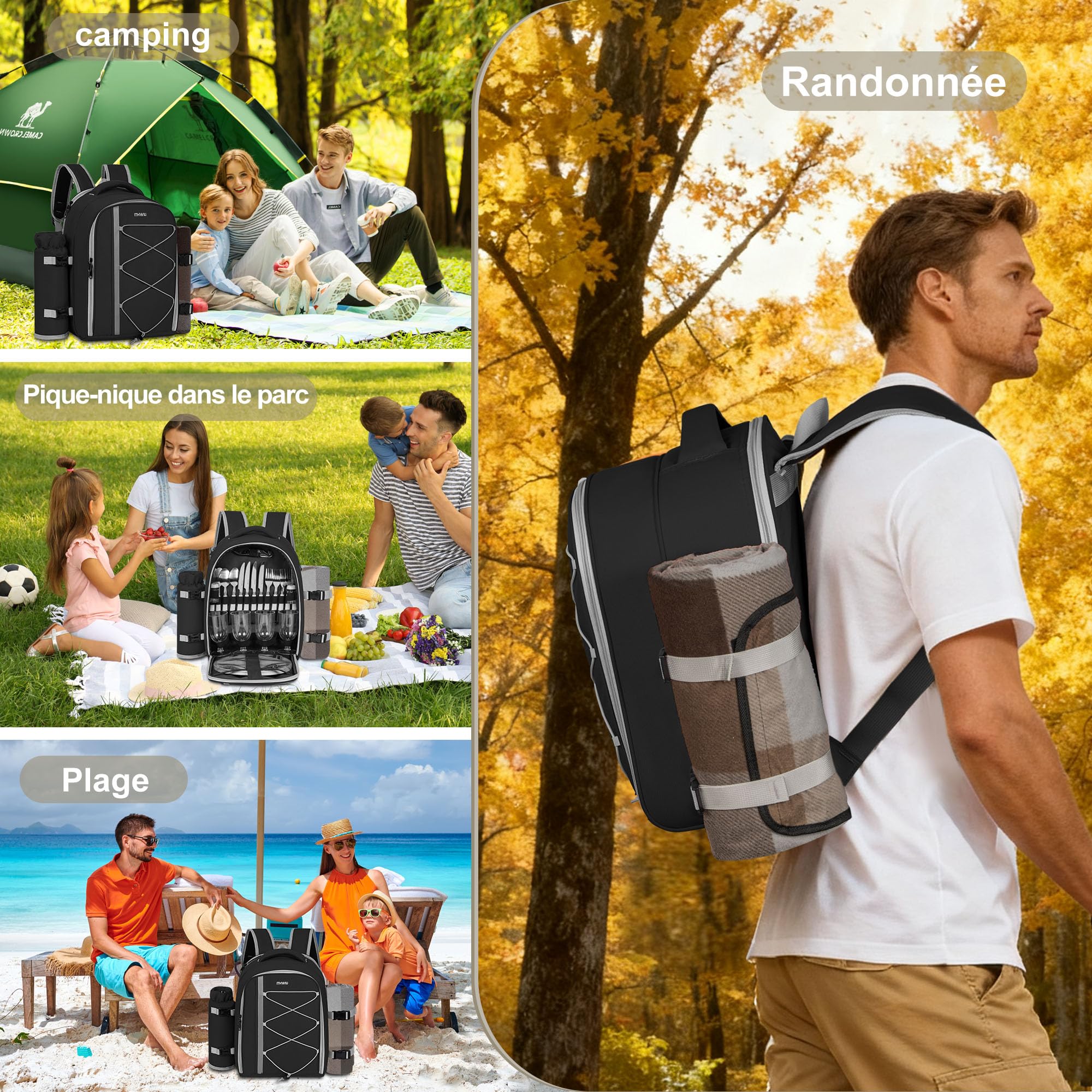 Sac à Dos de Pique-Nique pour 4 Personnes avec Compartiment Réfrigérants Isolés et Étanches, 30 Pièces Sac de Pique-Nique avec Ensemble et Couverture, pour Plage, Camping, Randonnée (Noir)