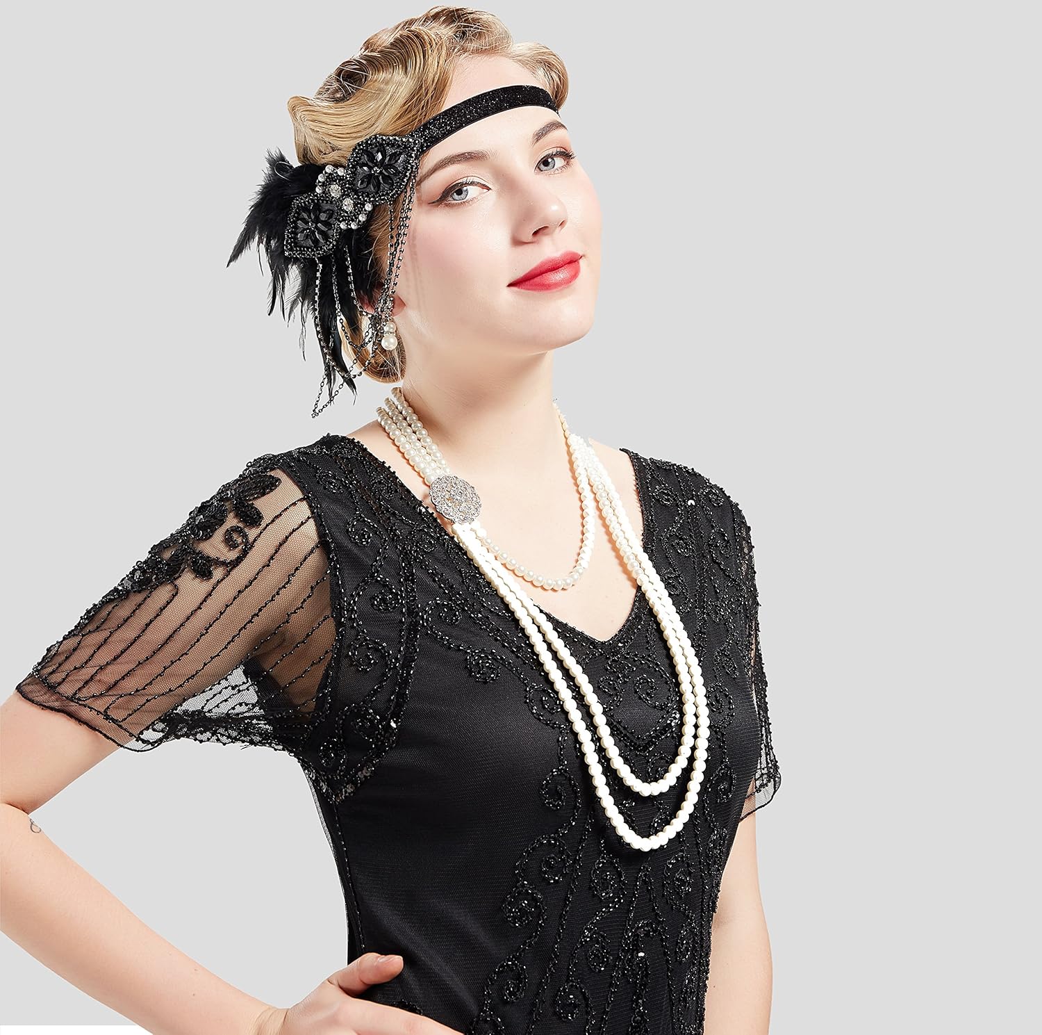 BABEYOND 1920s Gatsby Pearl Necklace Vintage Bridal Pearl Necklace Earrings Jewelry Set Multilayer Imitation Pearl Necklace with Brooch - Image 4