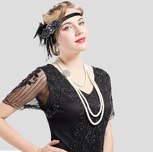 Miniatura 4 de BABEYOND - Collar de perlas vintage estilo Gatsby de los años 20 conjunto de collar nupcial y aretes de perlas de imitación multicapa collar con