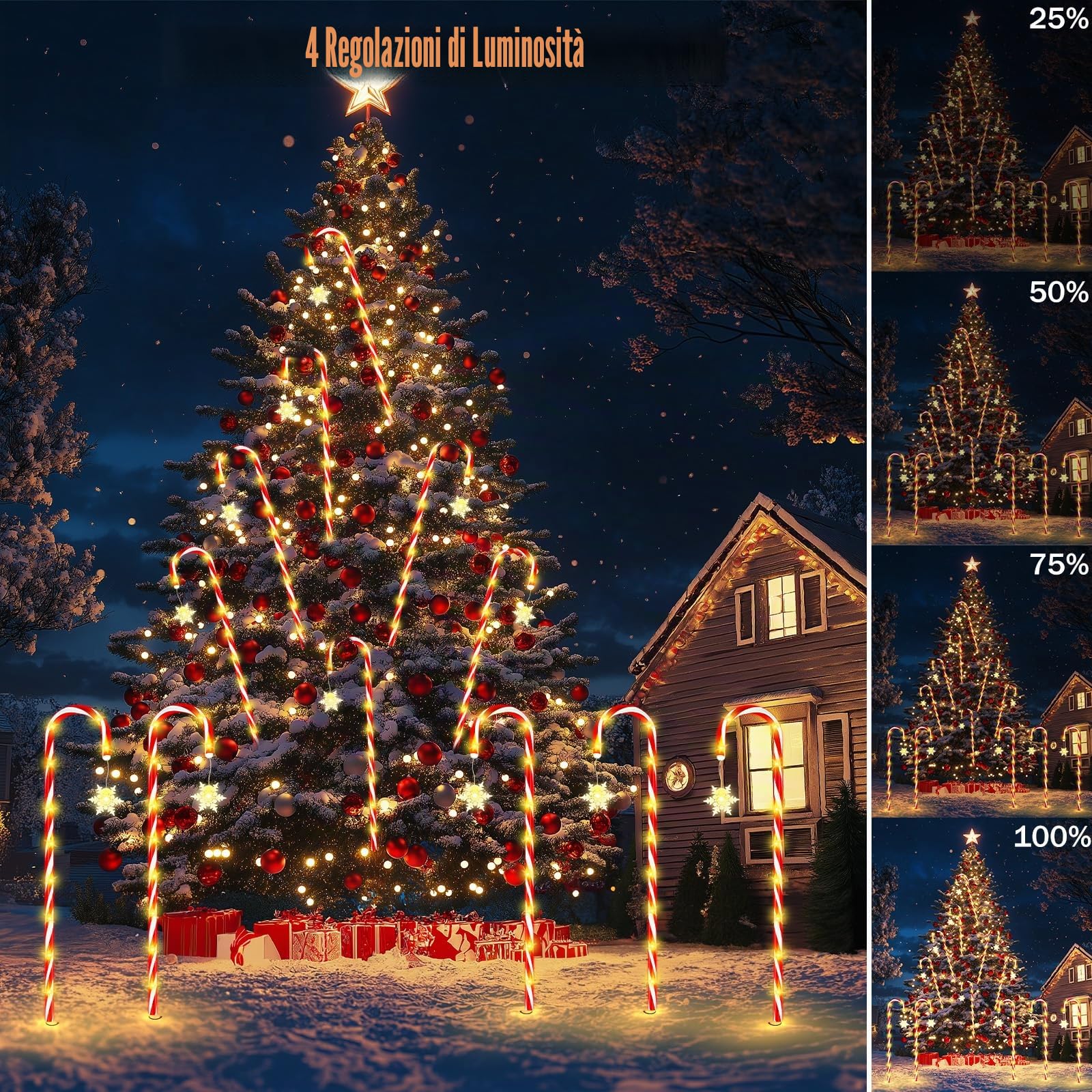 HELESIN Catena luminosa con bastoncini di zucchero, 10 pezzi, design rialzato, bastoncini di zucchero a LED, per esterni, 110 LED, 12 modalità, bastoncini di zucchero illuminati, impermeabili, fiocchi