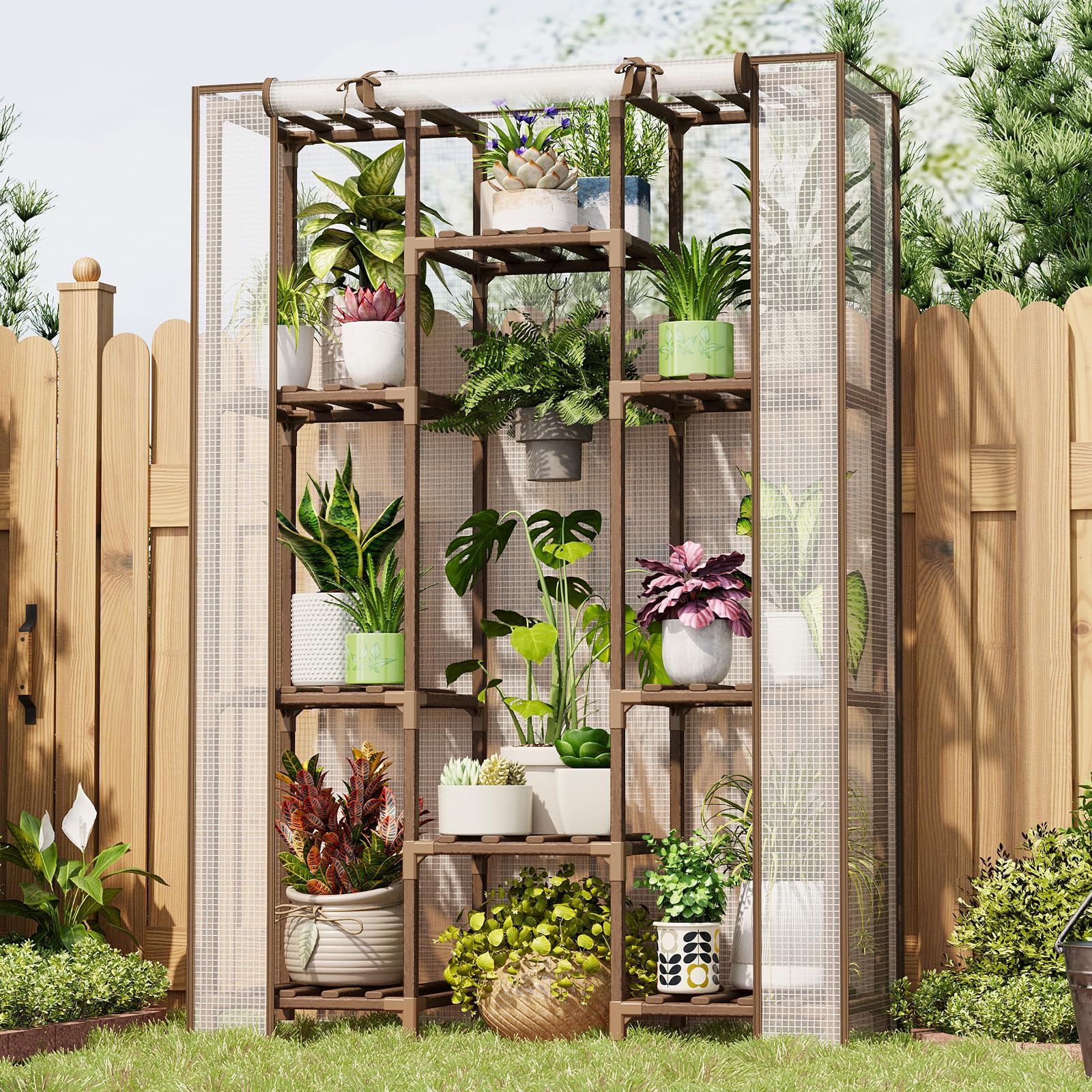 Bamworld Serra da Interno ed Esterno, Serra Alta in Legno per Piante Multiple, 10 Livelli Porta Piante Grande per 11 Vasi, Serra Calda per Angolo Stanza Balcone Giardino Patio