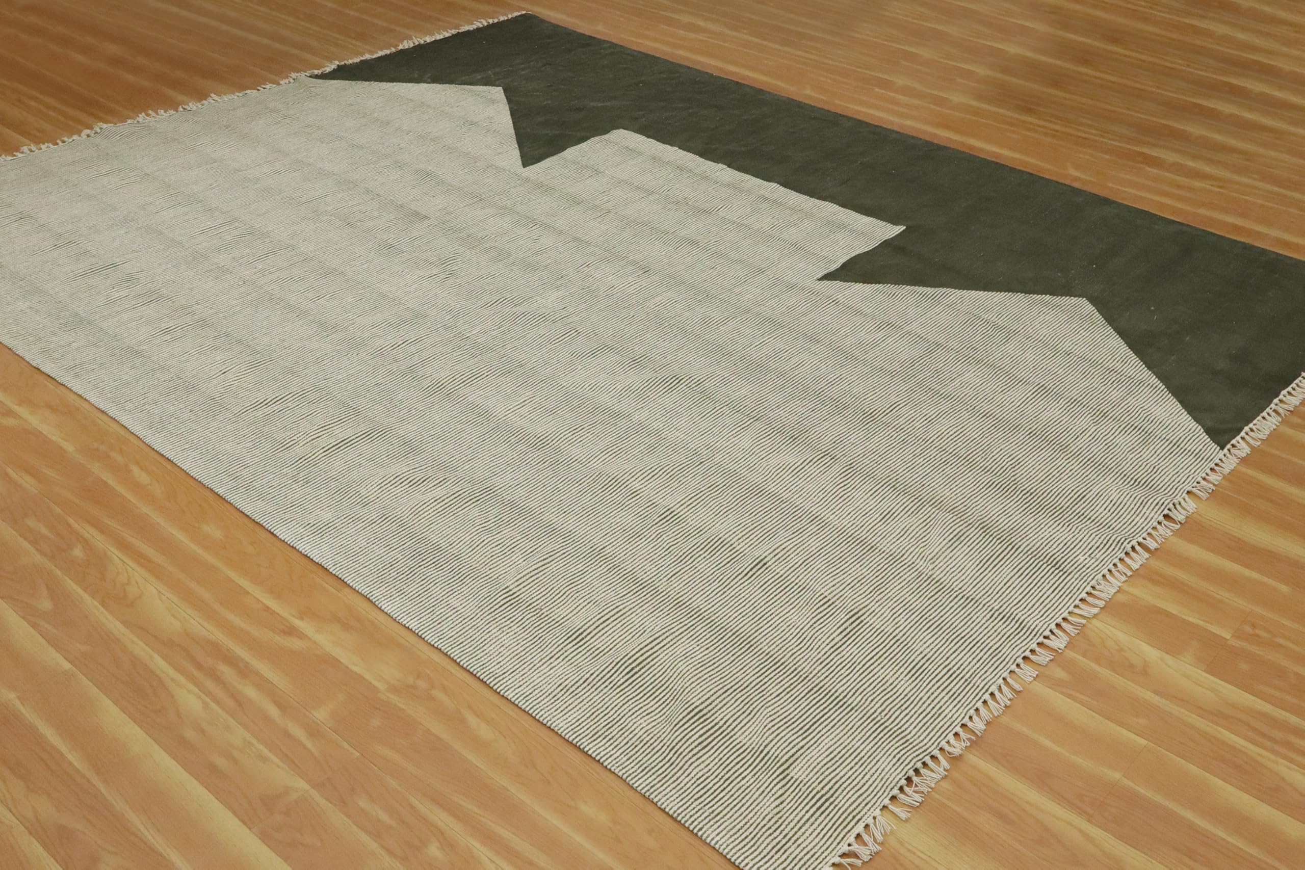 Handgemachter Kelim-Teppich, 4 x 6, Grün & Beige, geometrisch, dick, 0,19 Zoll, flach gewebt, waschbar, Baumwollteppich, Innenteppich für Küche, Flur