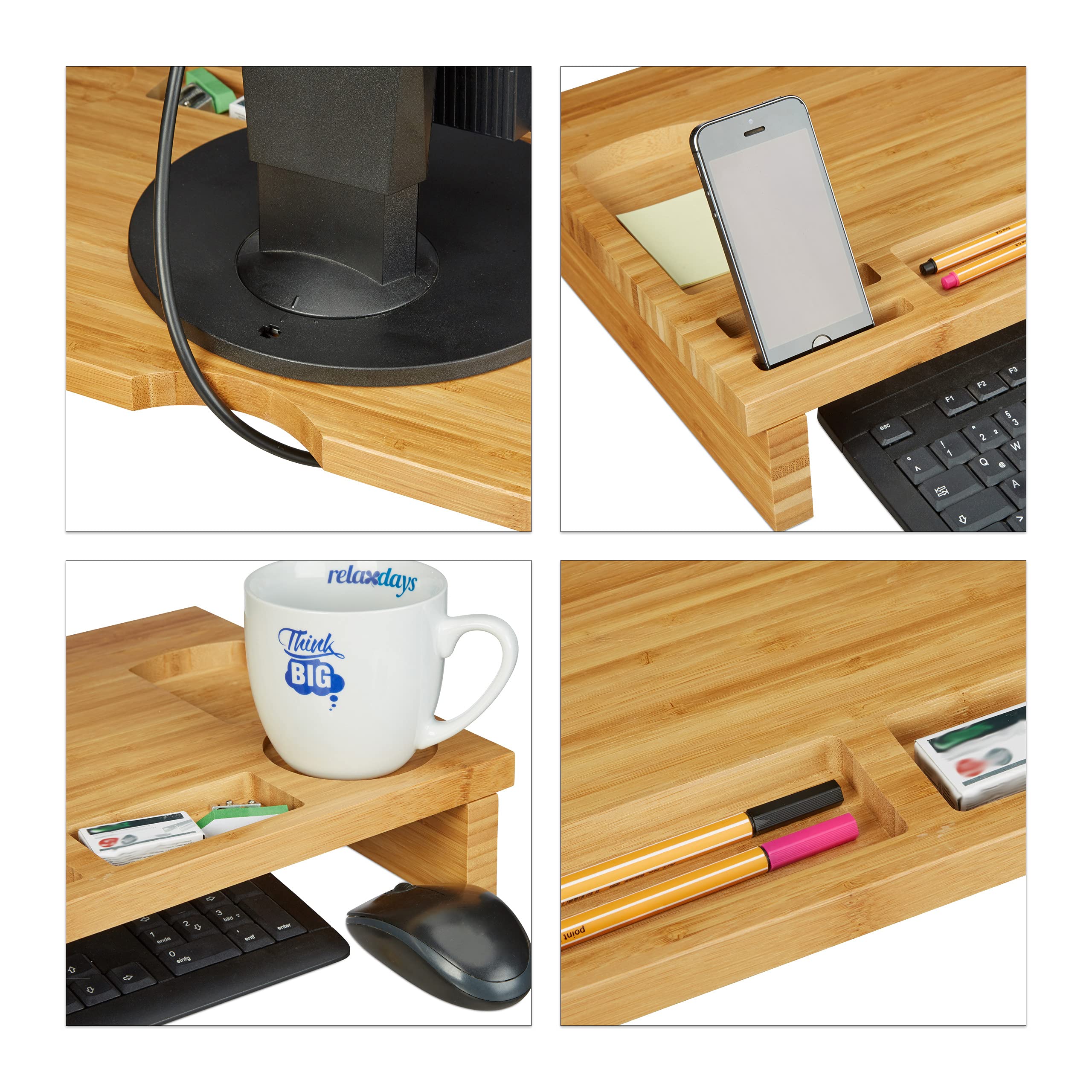 Relaxdays, Naturalny stojak na monitor, bambus, podwyższenie ekranu do laptopa, stojak na ekran z miejscem do przechowywania, wys. x szer. x gł.: 9 x 60 x 30 cm, standardowy