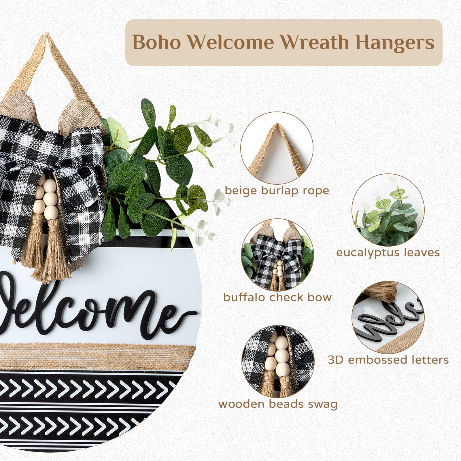 CHDITB Ghirlanda Di Benvenuto Boho Per Porta - Cartello 3D In Legno 29x29 Cm Con Fiocco E Perline - Decorazione Rustica Per Fattoria E Ingresso