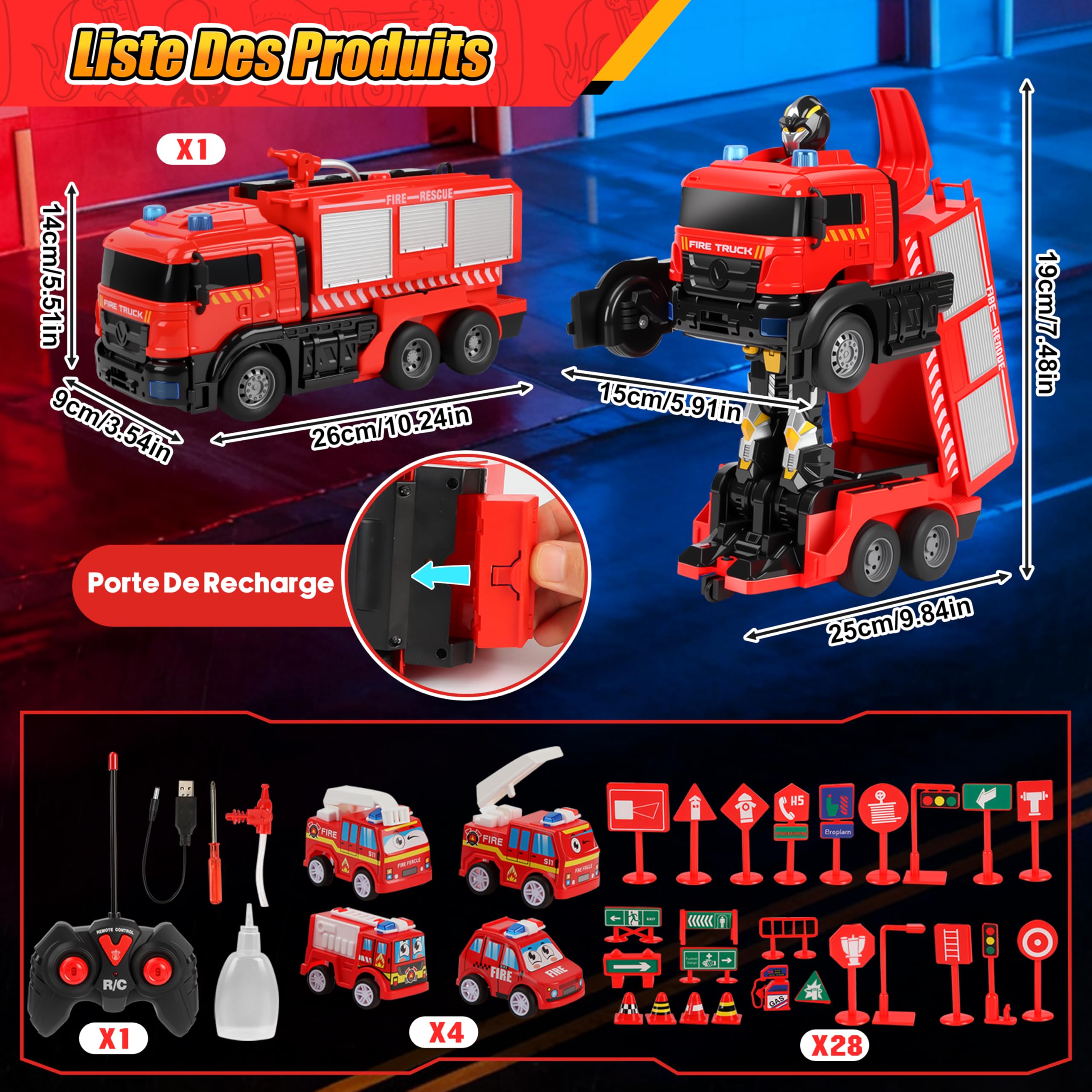 Charmofun Gros Camion Pompier avec Sonore et Lumineux, Voiture Pompiers Telecommande avec Pulvérisation d'eau, Robot Transformable Voiture Télécommandé Enfant, Cadeau Noël et Anniversaire Enfant