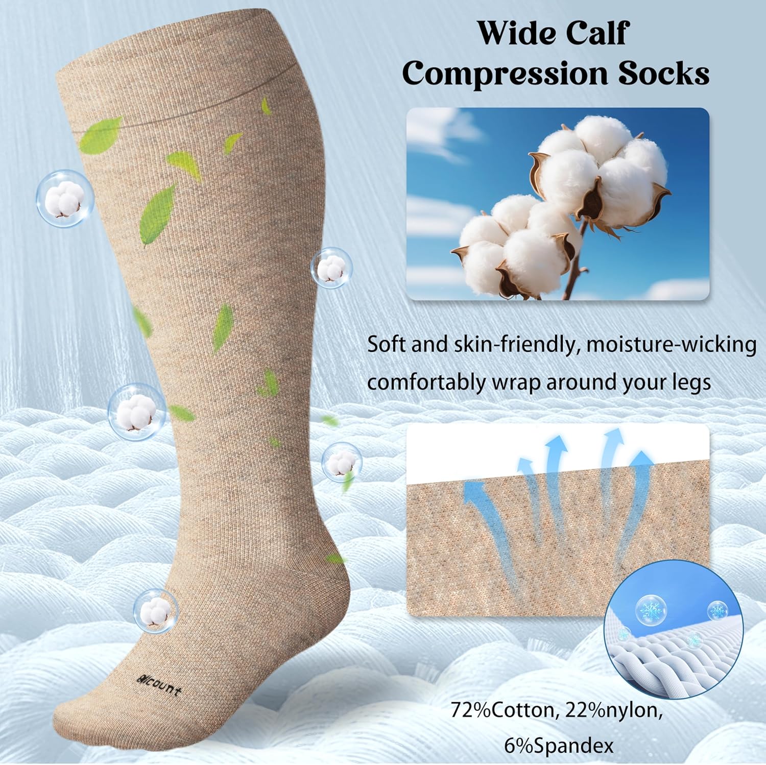 Cotton Plus Size Compression Socks for Women&Men Wide Calf 15-20 mmHg Knee High Soft Sock for Nurses, Pregnancy - Image 2