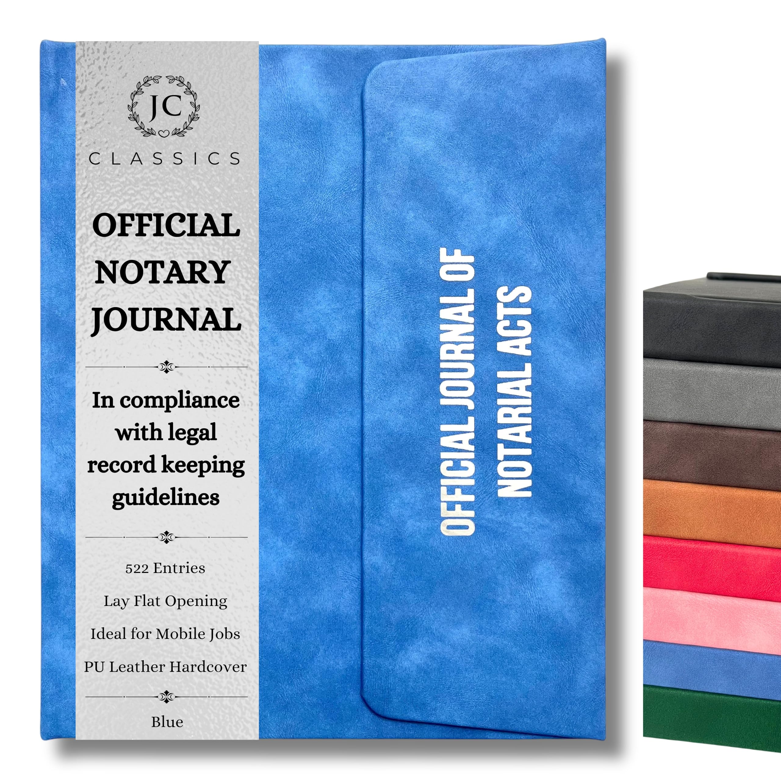 JC Classics Notary Journal Log Book Hardcover with Privacy Guard - Notary Log Book with 522 Notarial Record Entries - Compliant Notary Book for Notaries for All States Except HI (Blue)