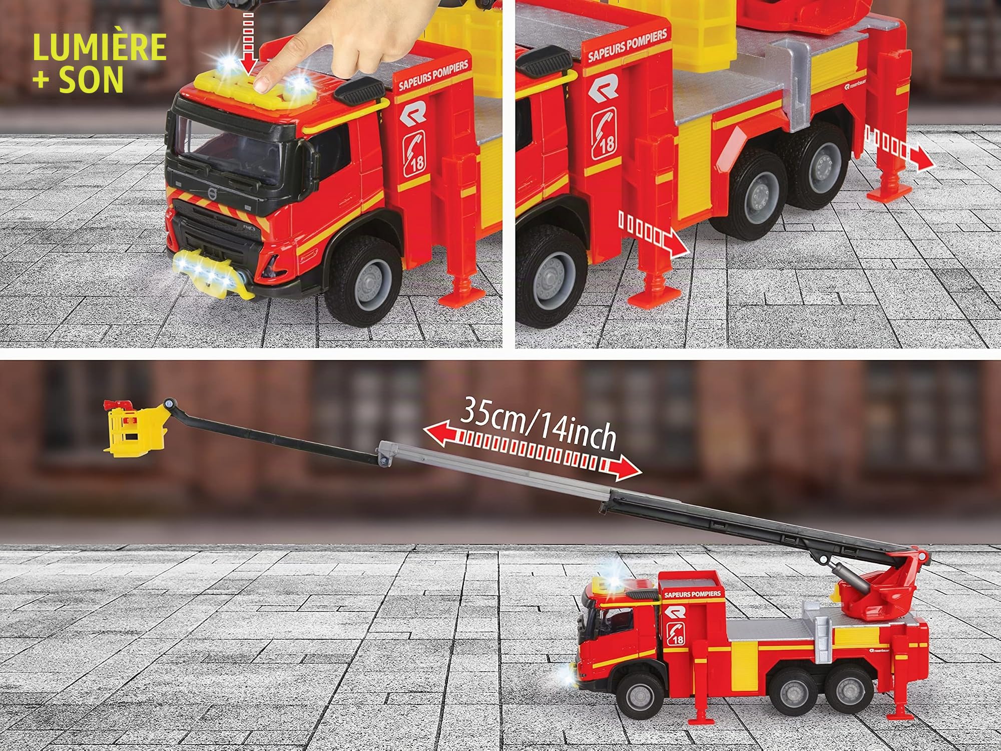 Majorette - Grand Series - Volvo Camion Pompiers - 19cm (Echelle 1/43ème) - Sons et Lumières - Dès 3 Ans - 213713000002, rojo