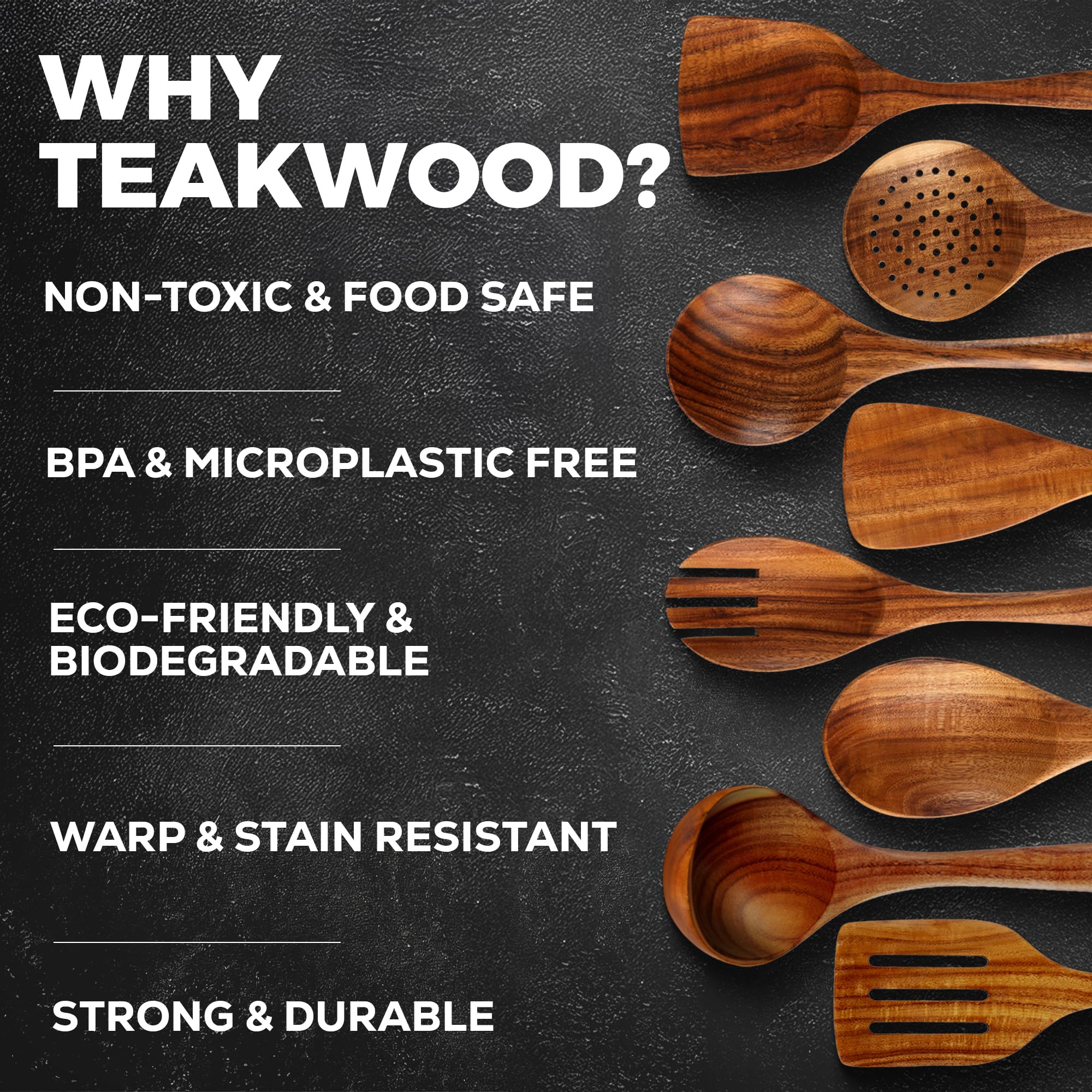 Zulay Kitchen Cucchiai in legno di teak di alta qualità per cucinare, finitura liscia, 8 pezzi, utensili da cucina in legno di teak naturale, antiaderenti, utensili da cucina in legno fatti a mano