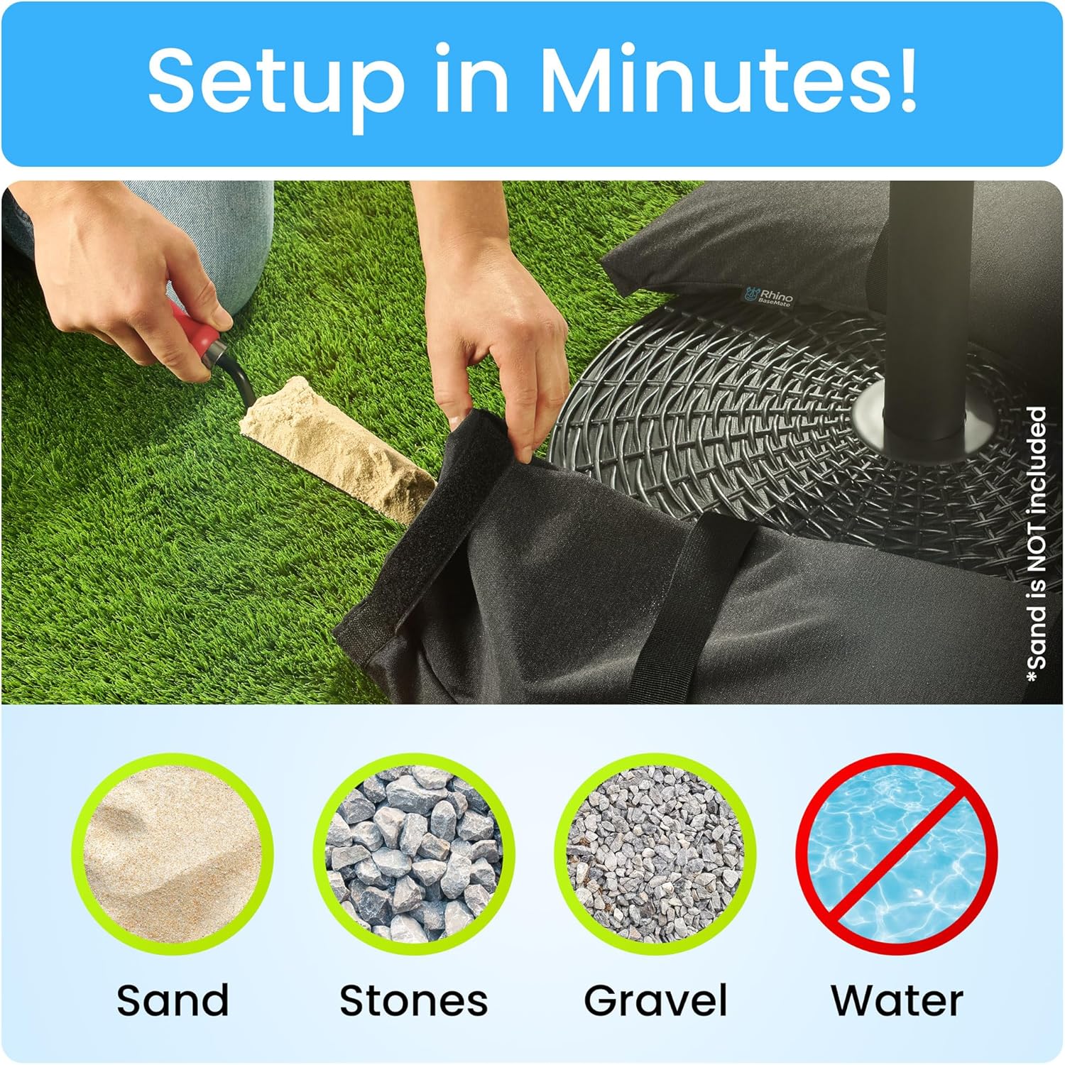 Rhino Square BaseMate 4-Part EVA Material Patio Umbrella Base Weights up to 200 Lb. + 2 Outdoor Fillable Arched Sandbags Umbrella Stand Fits Any Outdoor Patio Umbrella Stand for Outdoor Garden