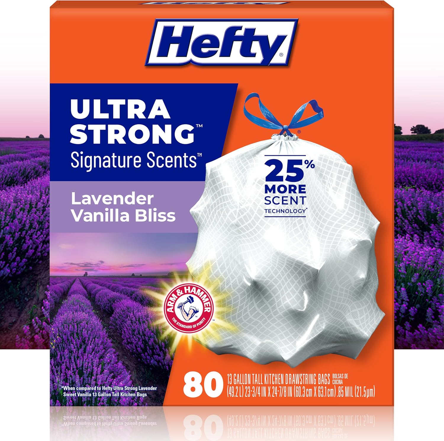 Hefty Ultra Strong Signature Scents 13 Gallon Trash Bags, Lavender Vanilla Bliss Scent, Tall Kitchen Trash Bags with 25% More Scent Technology, White, 80 Count